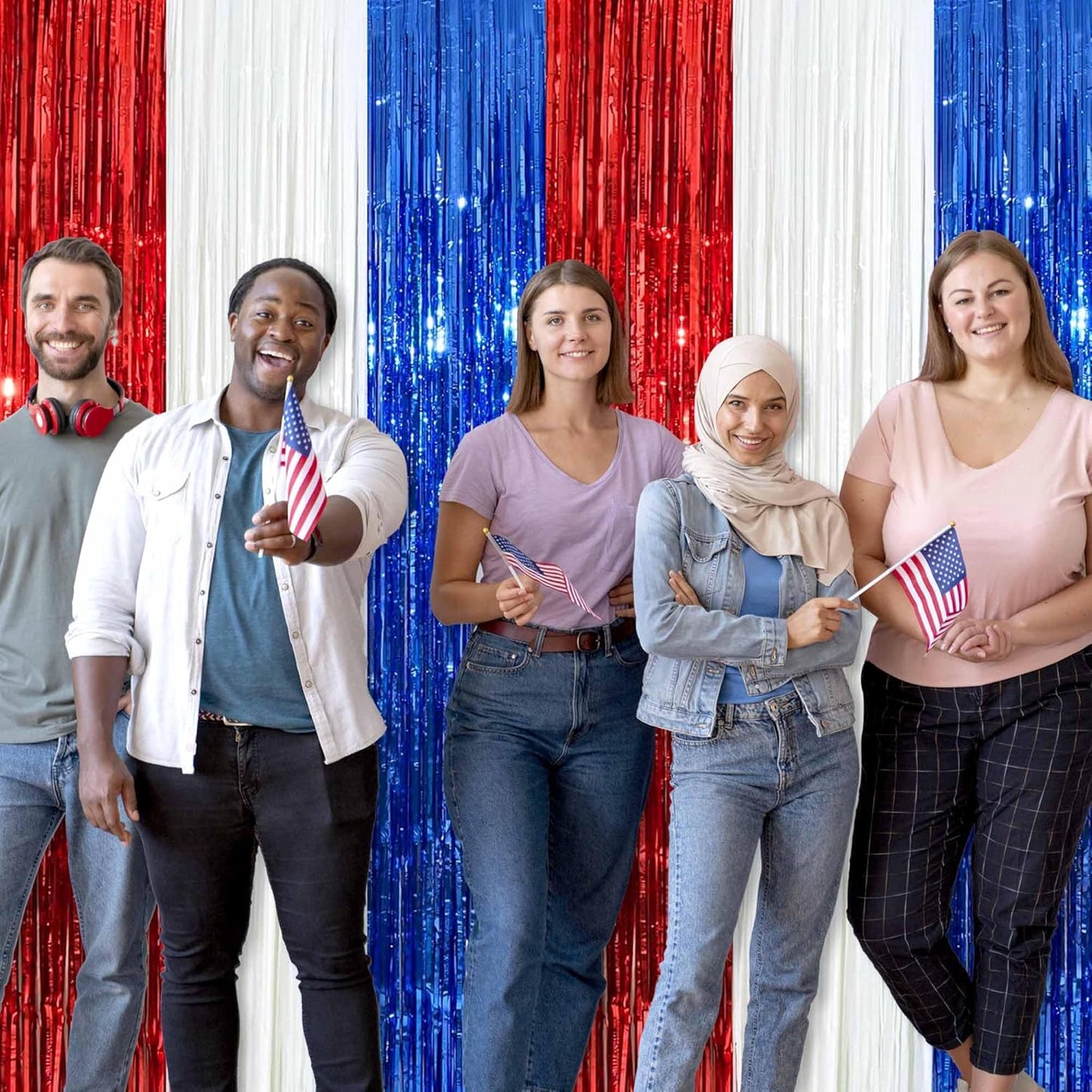 6 Pack White Blue Red Foil Fringe Curtains Backdrop, 3.28 x 8.2 Ft Metallic Streamers Tinsel Curtains Background for Photo Booth, Birthday, Weddings, Carnivals, Graduation, Themed Party Decorations