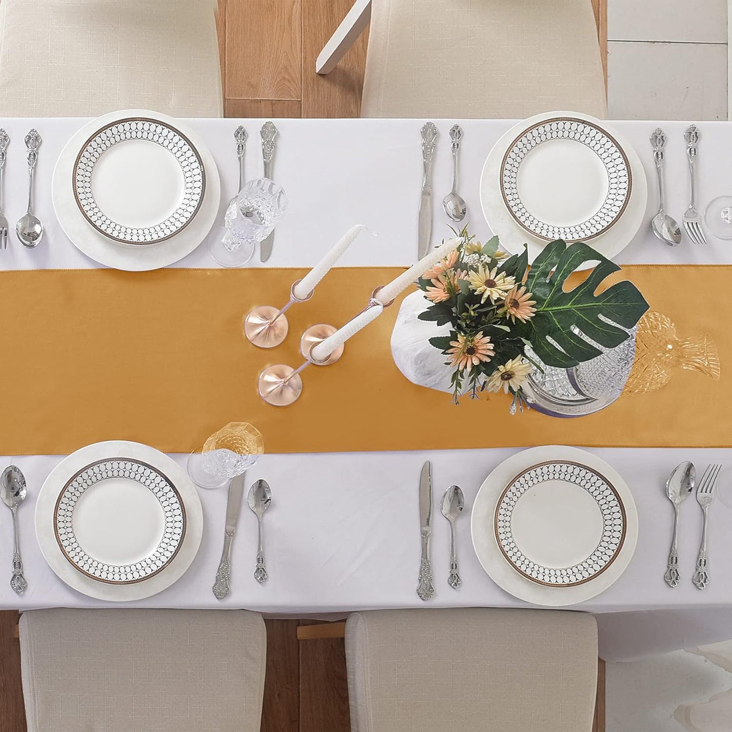 6Pack Table Runner 12 x 108 Inches Satin Silk Table Runner for Wedding, Birthday Party, Banquets, Graduations Decoration, fit Rectange and Round Table-Gold