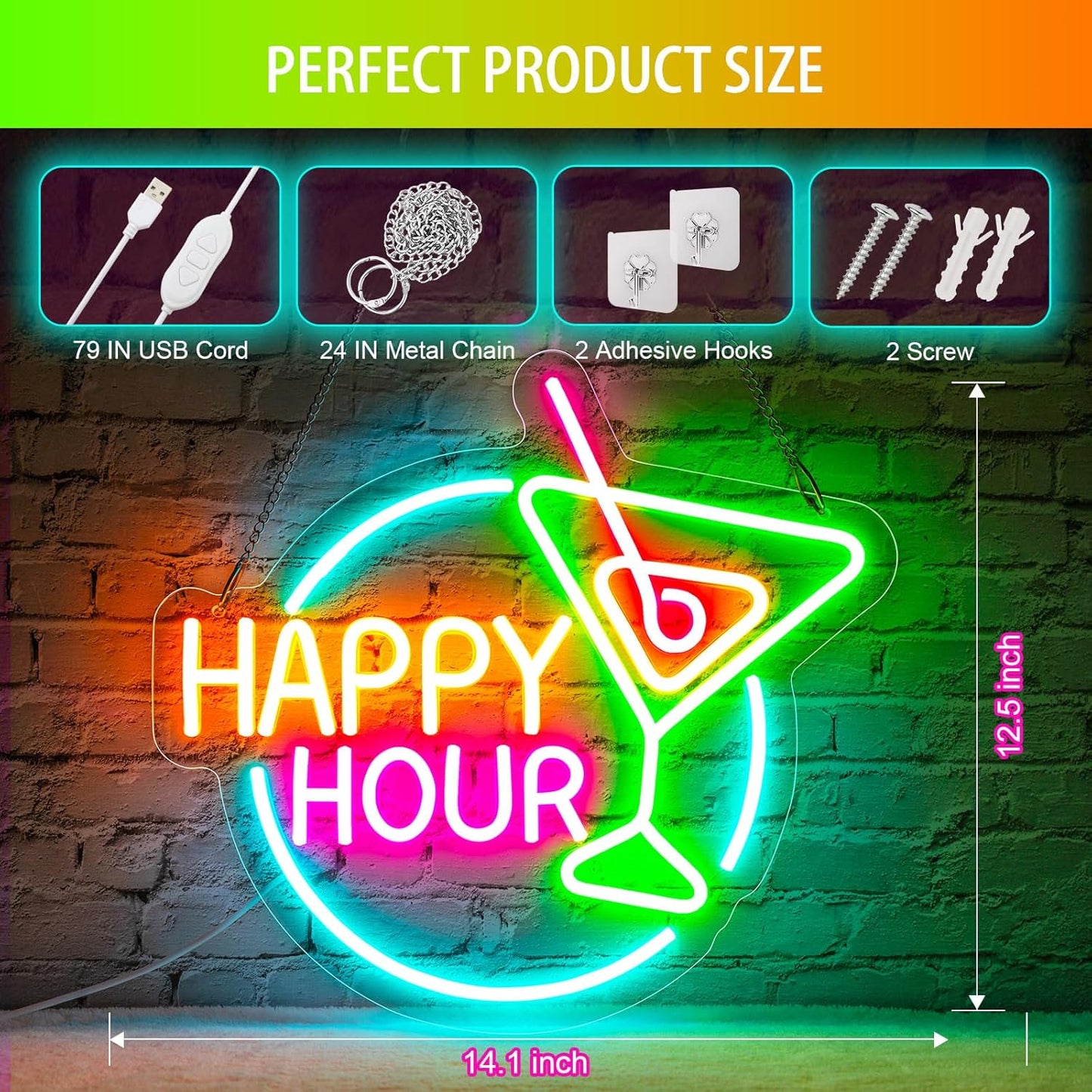 Happy Hour Neon Sign Dimmable Led Happy Hour Neon Bar Signs for Home Bar, USB Powered Bright Cocktails Happy Hour Neon Signs for Wall Decor Bar Pub Man Cave Party Art Decor(14.1*12.5inches)