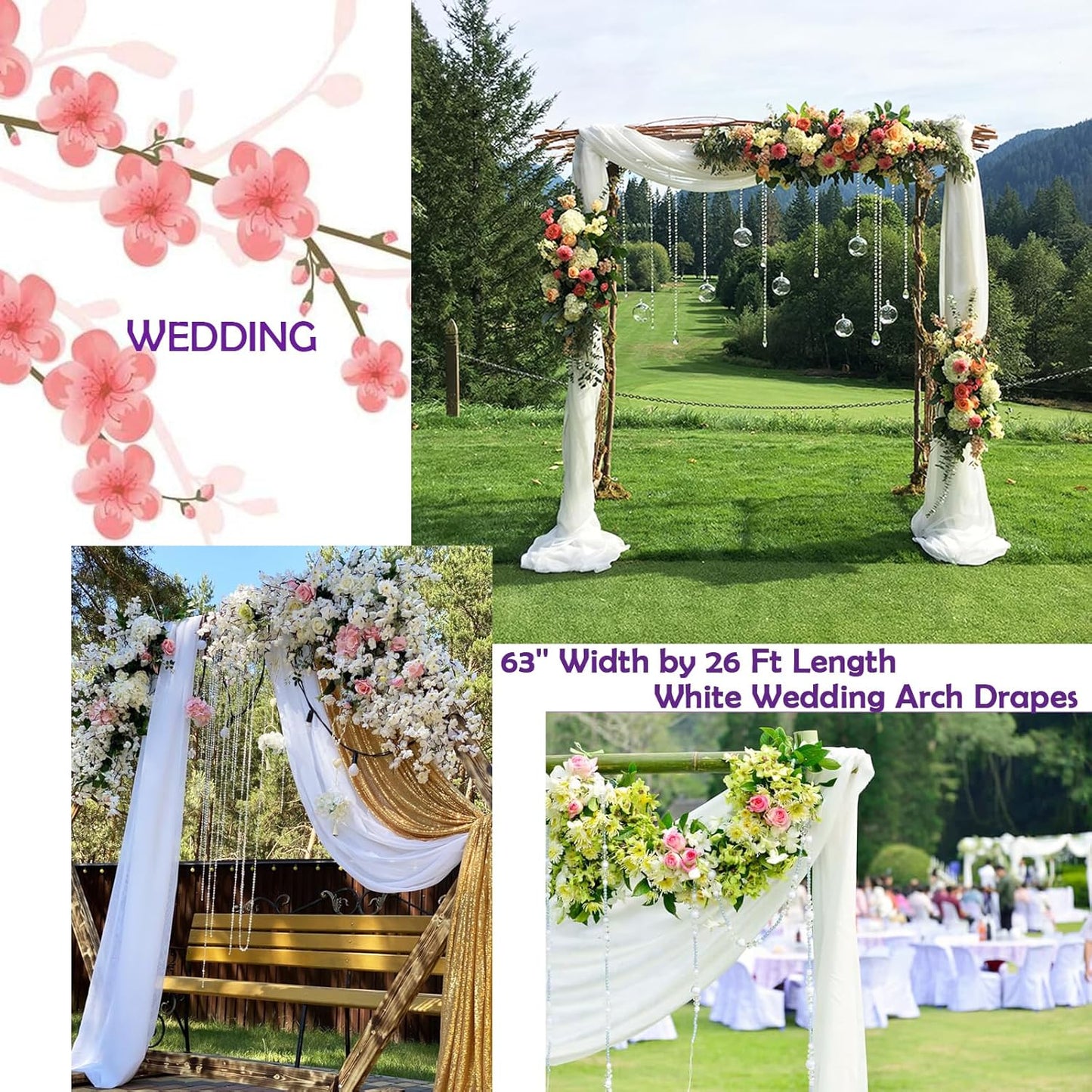 Wedding Arch Draping Fabric, 63" x 26Ft White Drapes for Wedding Tulle Fabric Drapery Sheer Backdrop for Ceremony Arch Stage Party Ceiling Décor