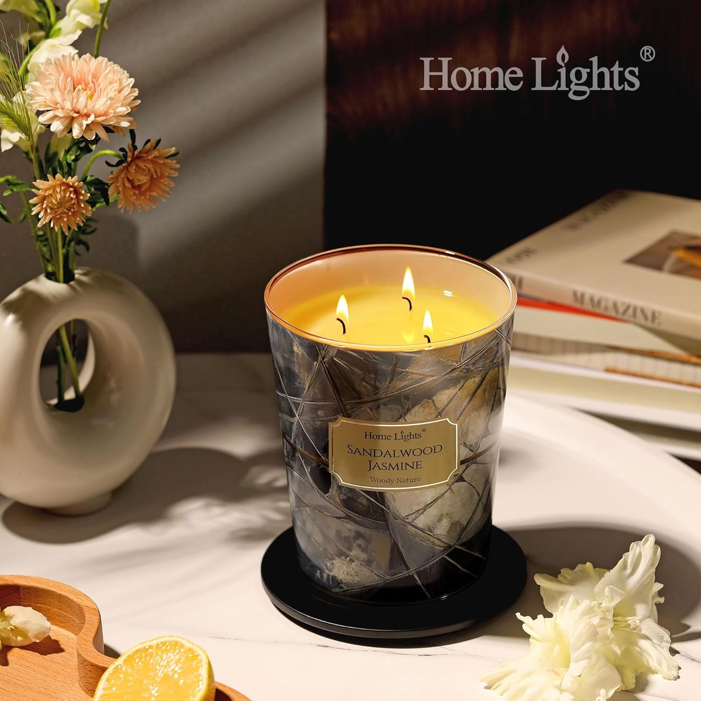 HomeLights Soy Wax Candles for Home Scented, 3-Wick Candles in Sandalwood Jasmine Scented, Industrial Chic Aromatherapy Candles Gift for Parties, Relaxing, 34oz
