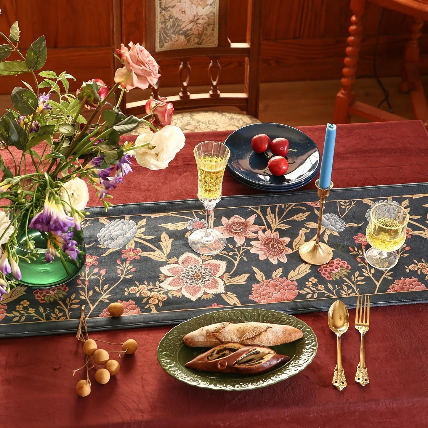 patdrea Designer Vintage Black Floral Velvet Table Runner 87 Inch Long, Pink Khaki Bouquets Pattern Table Mat, Decoration for Kitchen Dining Coffee Table Cabinet Banquet Thanksgiving,12"*87"