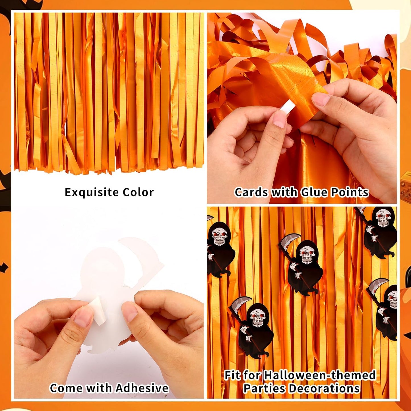 28x106 Inch Orange Sequin Tablecloth for Halloween Decorations, Metallic Tinsel Foil Fringe Table Skirt, Rectangle or Round Tables Decor, Table Cover, Skull Decorations for Halloween Party