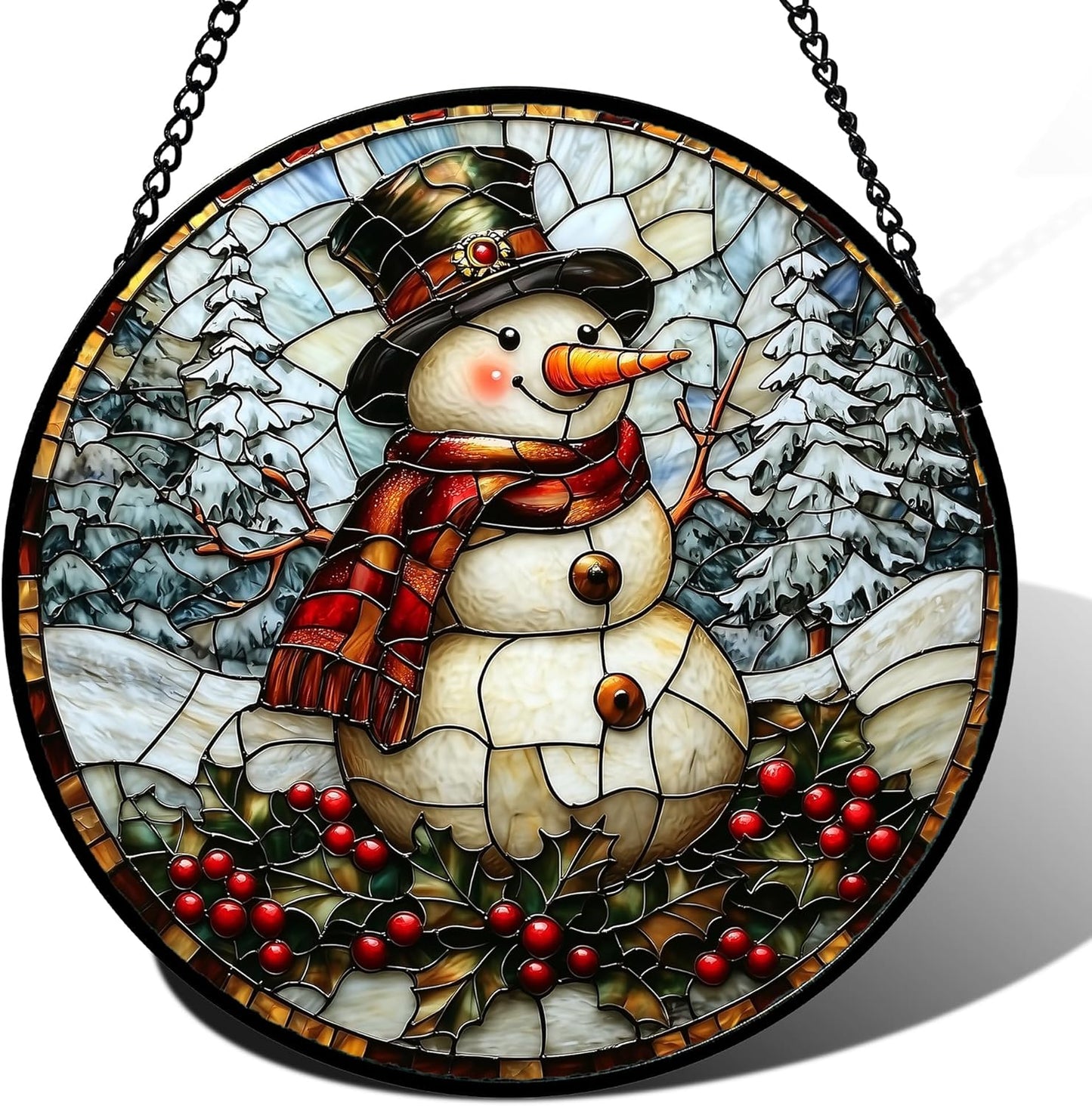 Stained Glass Window Hanging - Christmas Snowman Suncatcher for Door Terrace Garden Home Decor Winter Forest Snow Sun Catcher Birthday Gifts for Lovers Women Men Dad Mom Nana 11.8 in