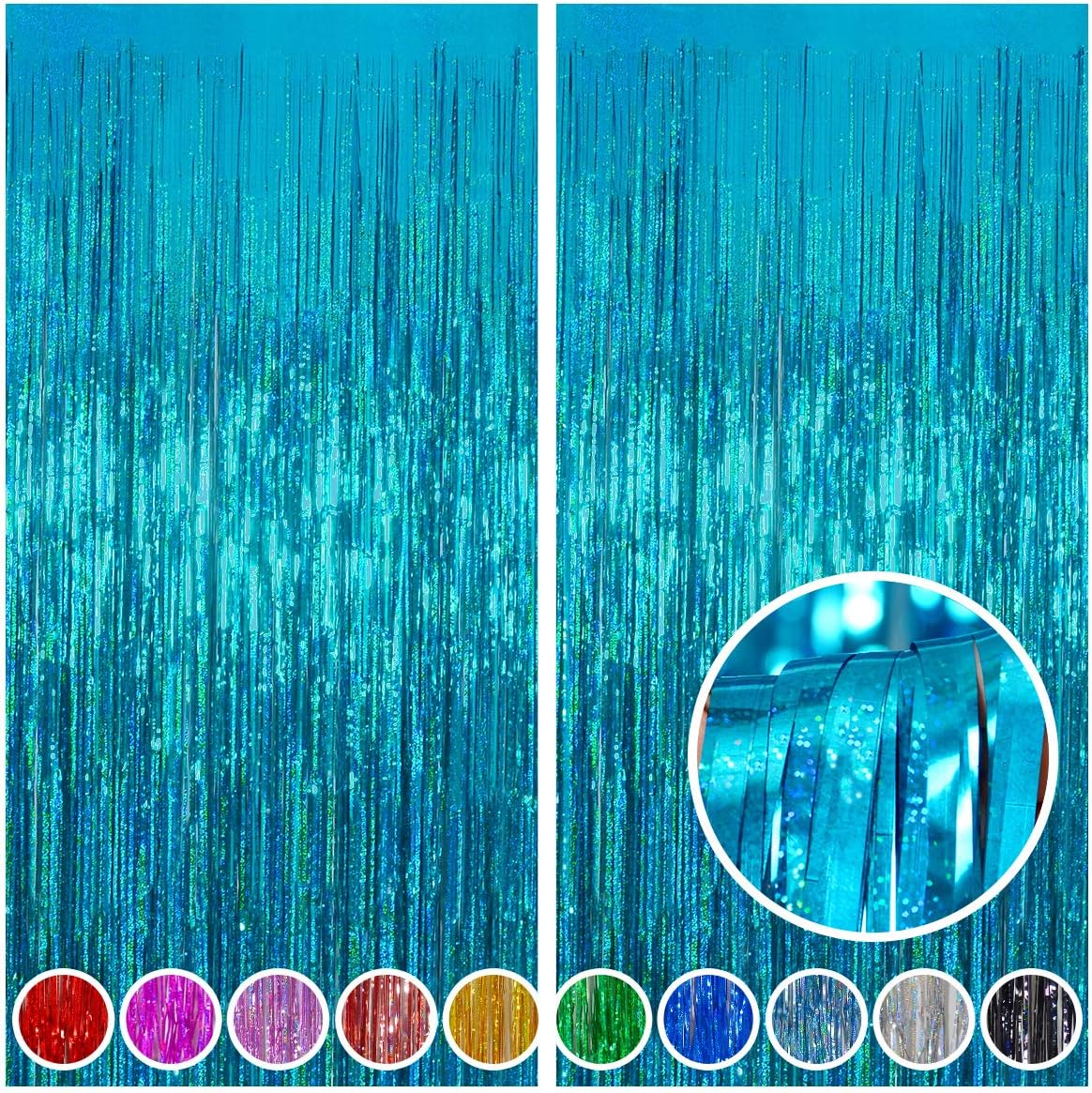 Melsan 2 Pack 3.2 ft x 8.2 ft Teal Tinsel Foil Fringe Curtains Backdrop, Sparkle Metallic Foil Curtains for Frozen/Mermaid/Under Sea Birthday Party Decoration