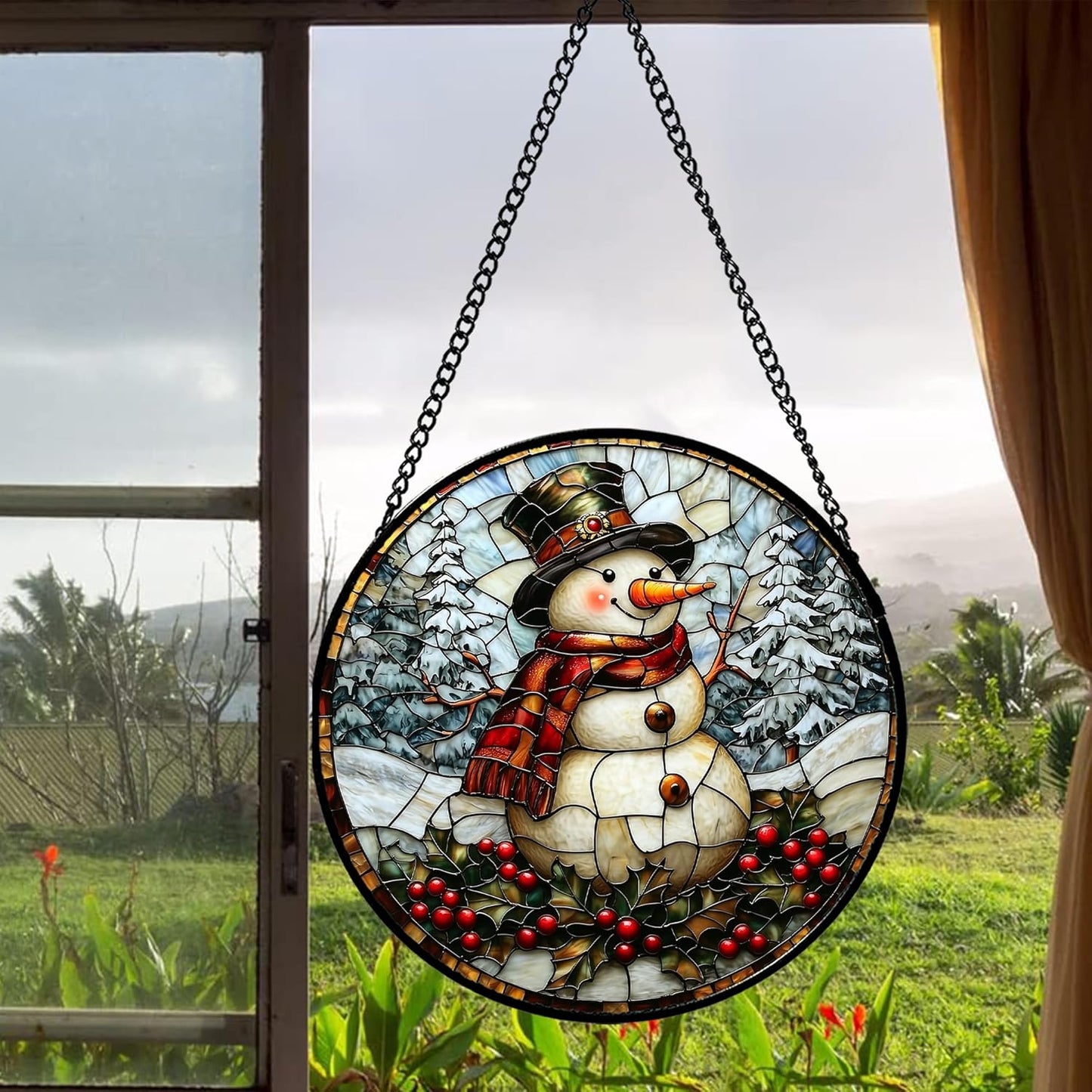 Stained Glass Window Hanging - Christmas Snowman Suncatcher for Door Terrace Garden Home Decor Winter Forest Snow Sun Catcher Birthday Gifts for Lovers Women Men Dad Mom Nana 15 in