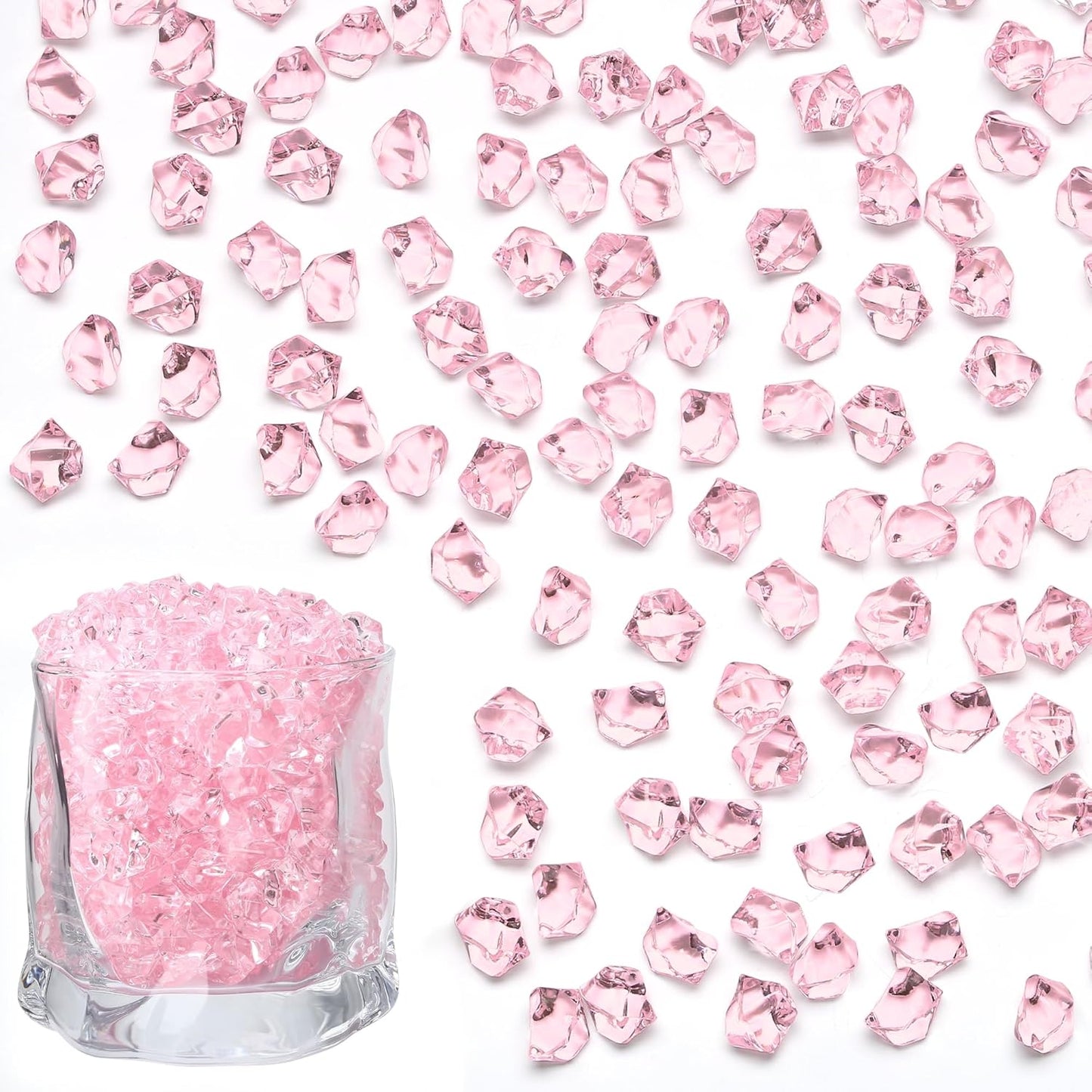 LAIDANLA 500PCS Pink Acrylic Gems Fake Ice Cubes Pink Vase Fillers Plastic Diamonds Fake Crushed Rocks for Centerpiece DIY Party Table Scatter Prop Wedding Decoration Accessories