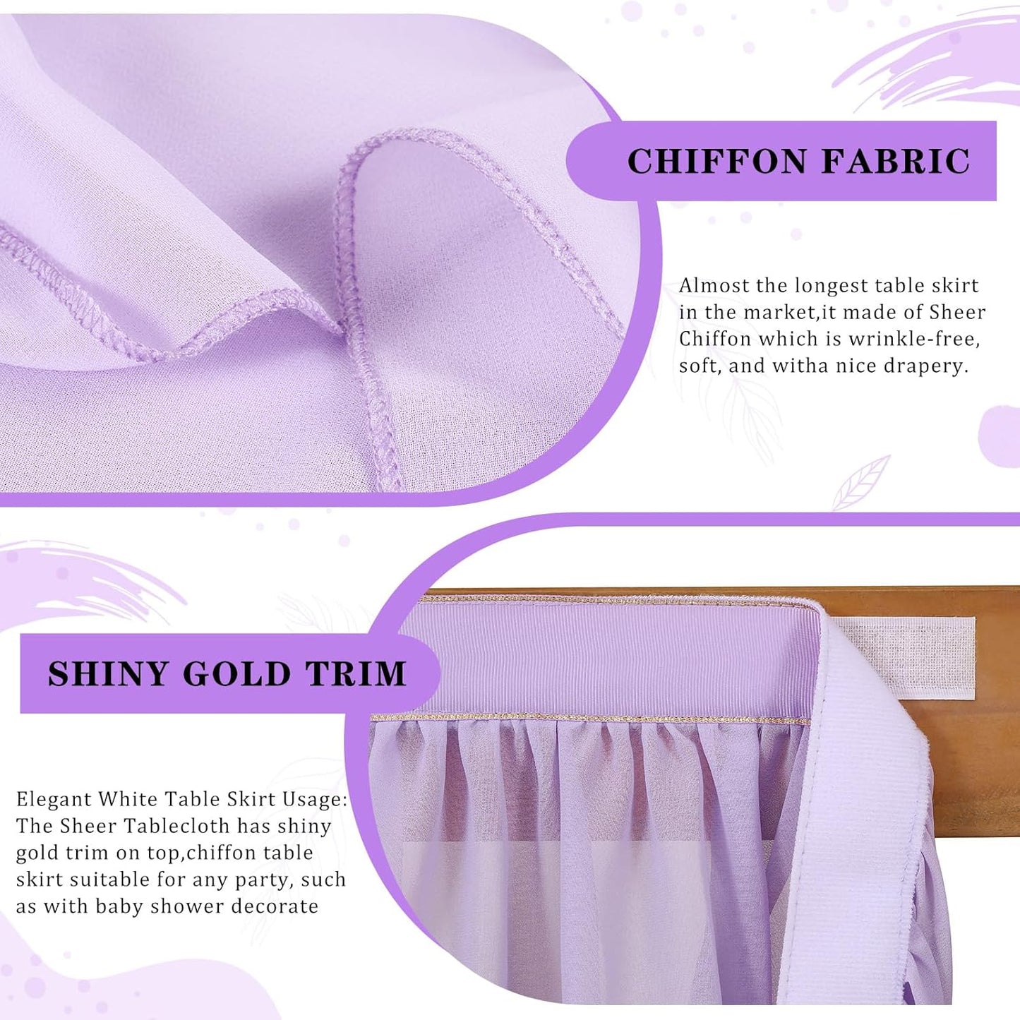 QueenDream Lavender Chiffon Table Skirt 6ft for Rectangle Tables Purple Mermaid Table Skirting for Wedding Birthday Butterfly Party Baby Shower