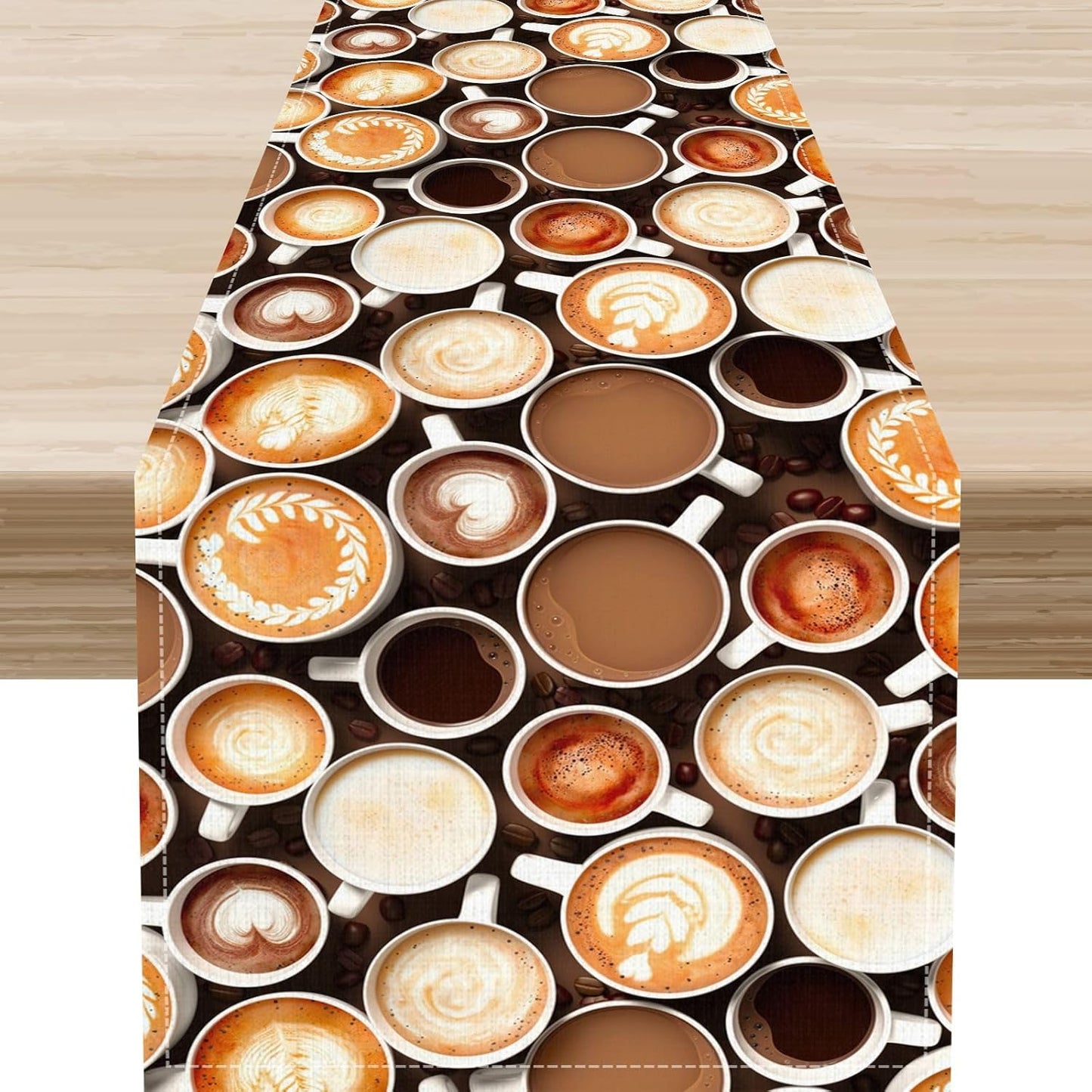Coffee Theme Table Runner, Farmhouse Coffee Cup Latte Cappuccino Tea Party Rustic Cafe Table Center Decor for Home Kitchen Dining Patio Holiday Party Indoor Outdoor Table Decorations,13"x90" Inch