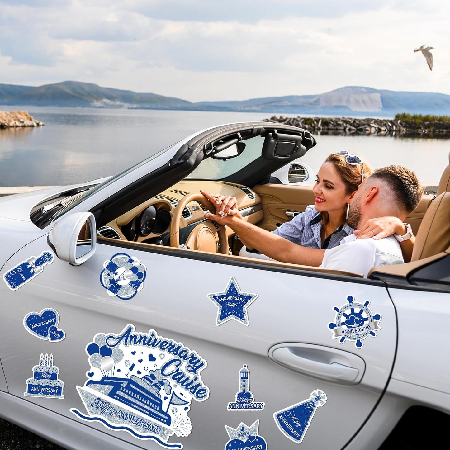 Happy Anniversary Cruise Door Magnets Decorations, Blue Silver Happy Anniversary Cruise Ship Door Decor Magnetic for Married Men Women Wedding Party Refrigerator Fridge Car Kitchen Garage Personalized