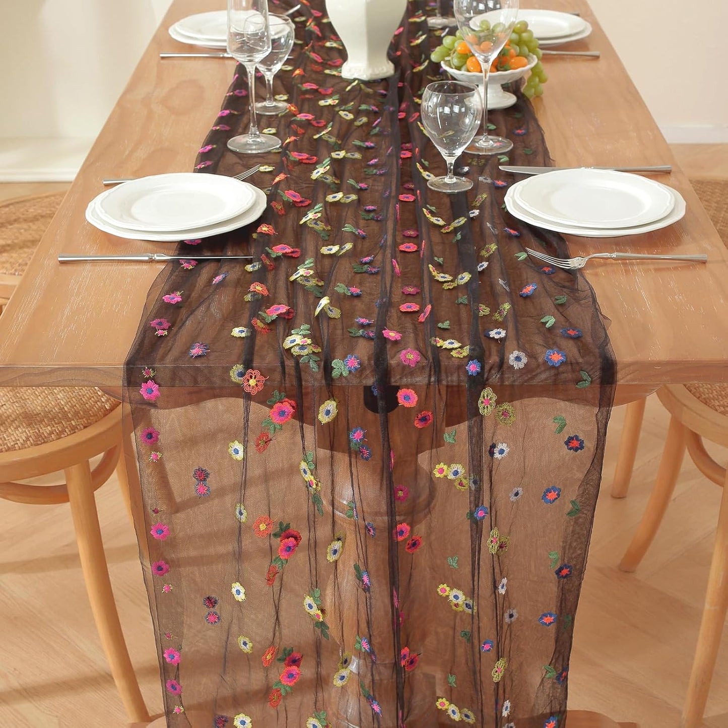 Black Embroidery Daisy Fall Table Runner 120Inch 10FT Florals Soft Sheer Tulle Fabric Table Runner for Home Decor, Brithday, Wedding, Baby Shower ,Holiday ,Parties, DIY Craft,3PC