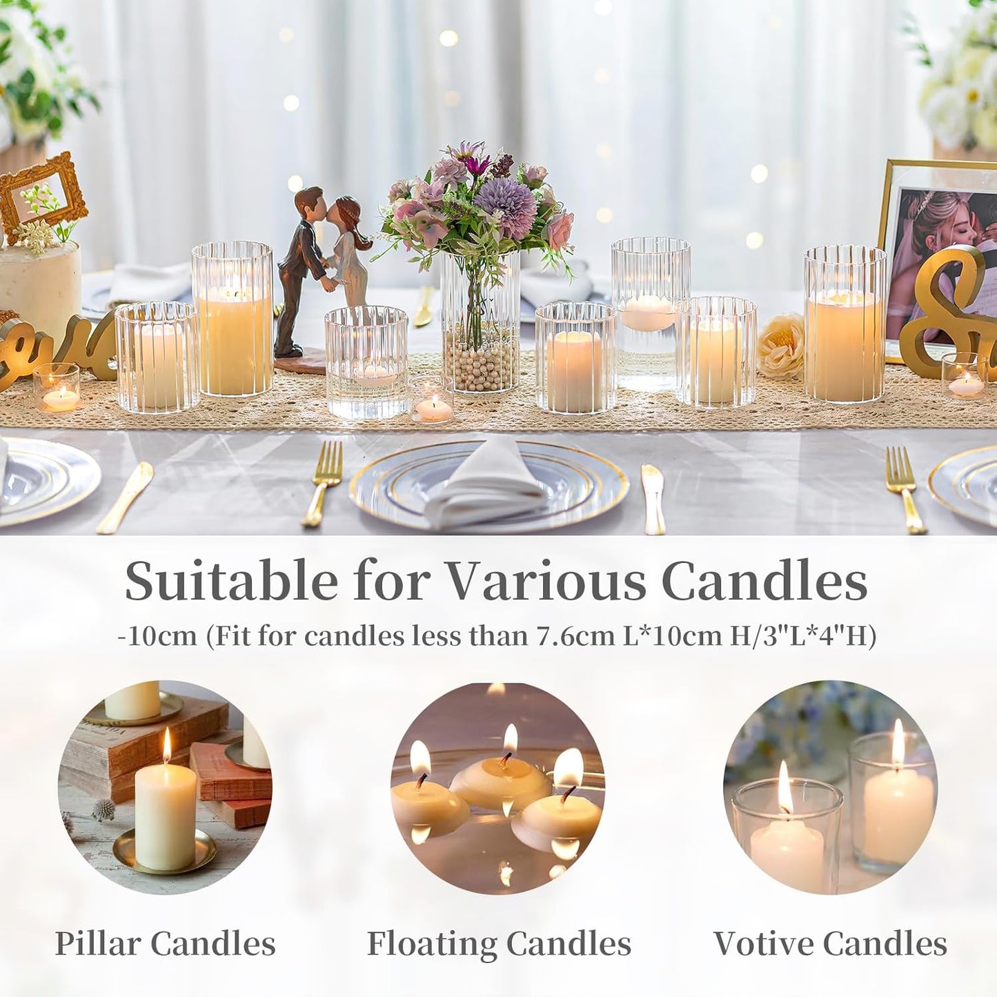 Hewory 24PCS Small Glass Hurricane Candle Holders Bulk - Short Clear Cylinder Vases for Centerpieces, Low Ribbed Vase for Wedding Reception Anniversary Baby Shower Events Party Home Table Decor