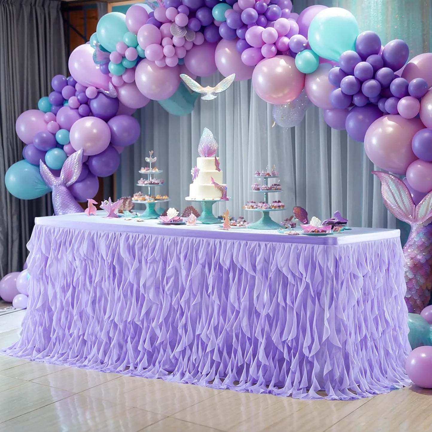PARTISKY Lavender Purple Tulle Curly Willow Table Skirt for Rectangle Table 9ft, Ruffle Tutu Table Cloth for Girls Boys Baby Shower,Mermaid Birthday Party