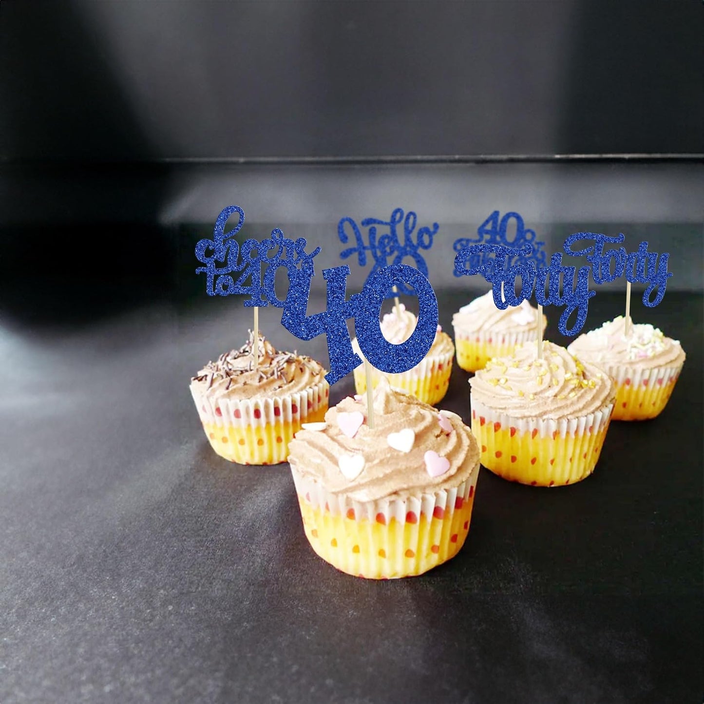 30pcs Happy 40th Birthday Cupcake Toppers - Deep Blue Glitter Forty Cheers to 40 Years Old Cupcake Picks for Anniversary Party Cake Decorations