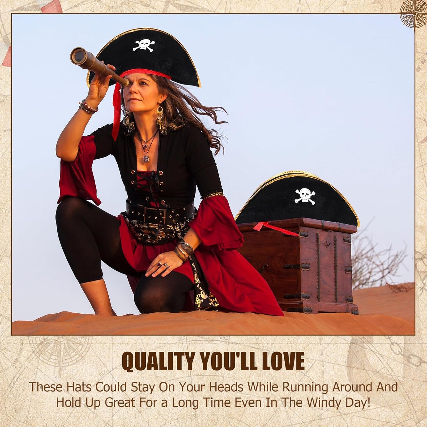 Hsei Halloween Pirate Hat Skull Print Captain Costume Caps Party Accessories Hats for Cosplay Caribbean Nautical Themed