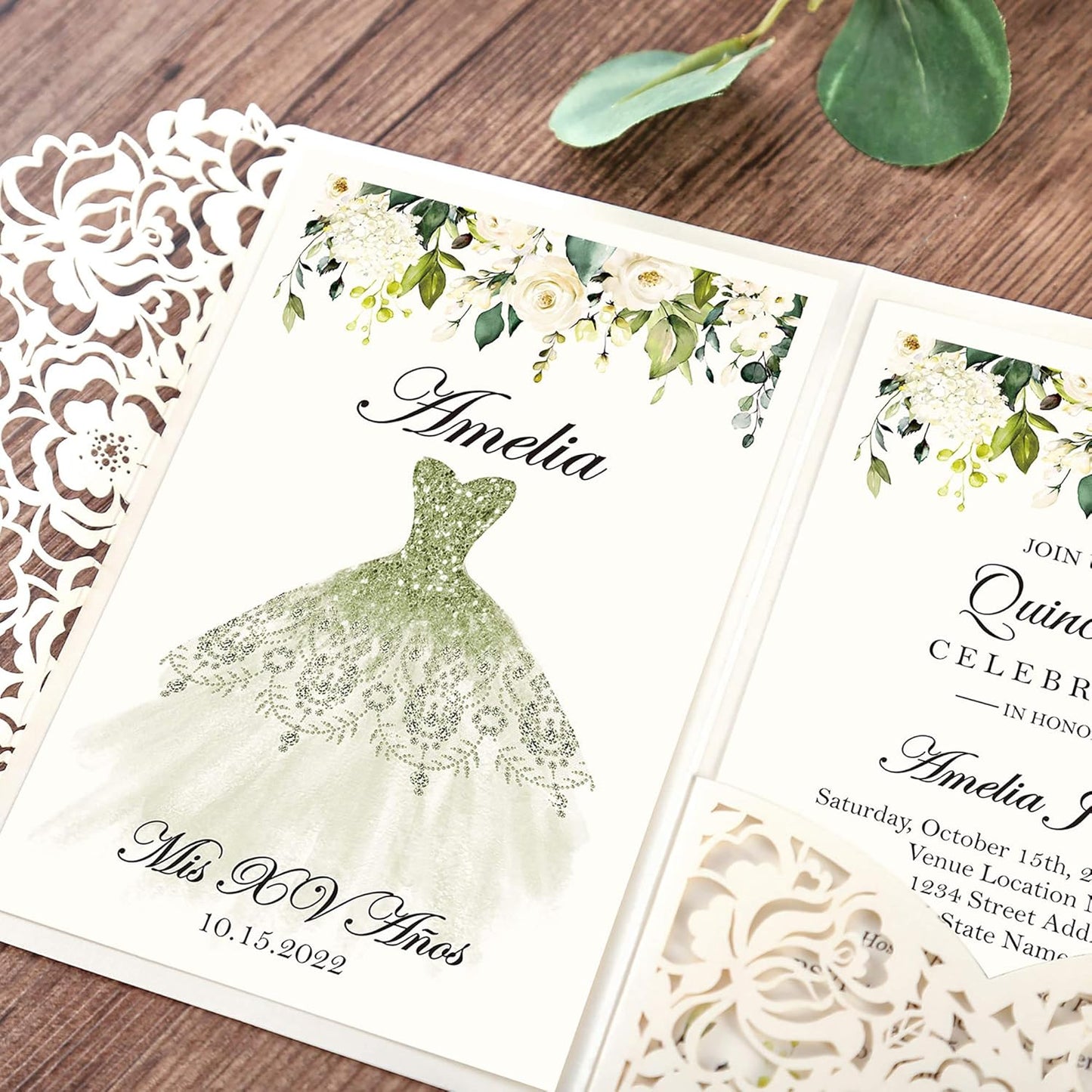 DORIS HOME 50pcs Laser Cut Quinceanera Invitations Green and Ivory White, 4.7x7.1 Personalized Quince Invitations for 15th Birthday, Invitation cards for Sweet 16 with Envelopes