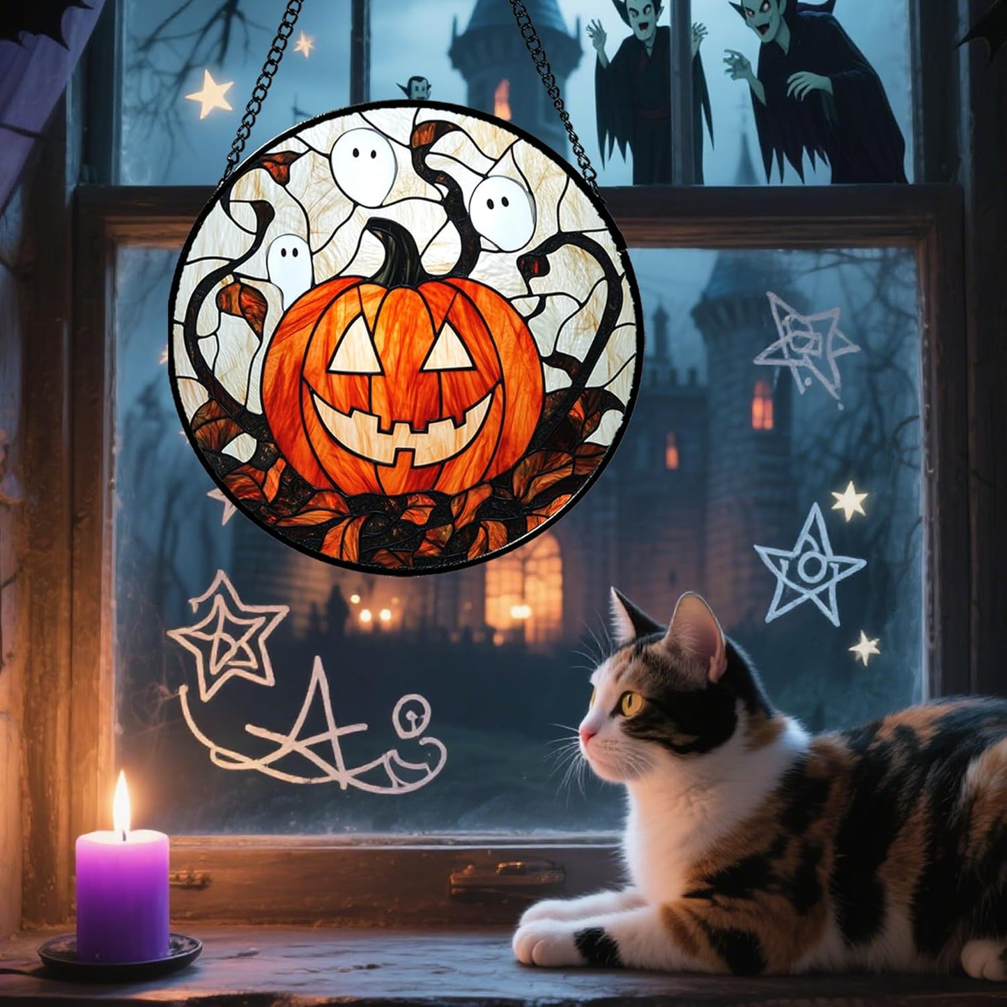 Stained Glass Window Hanging - Halloween Decorations Pumpkin Ghost Suncatcher for Doors Garden Indoor Spooky Funny Orange Sun Catchers Gothic Decor Horror Gifts for Women Men Friend 7.8 in
