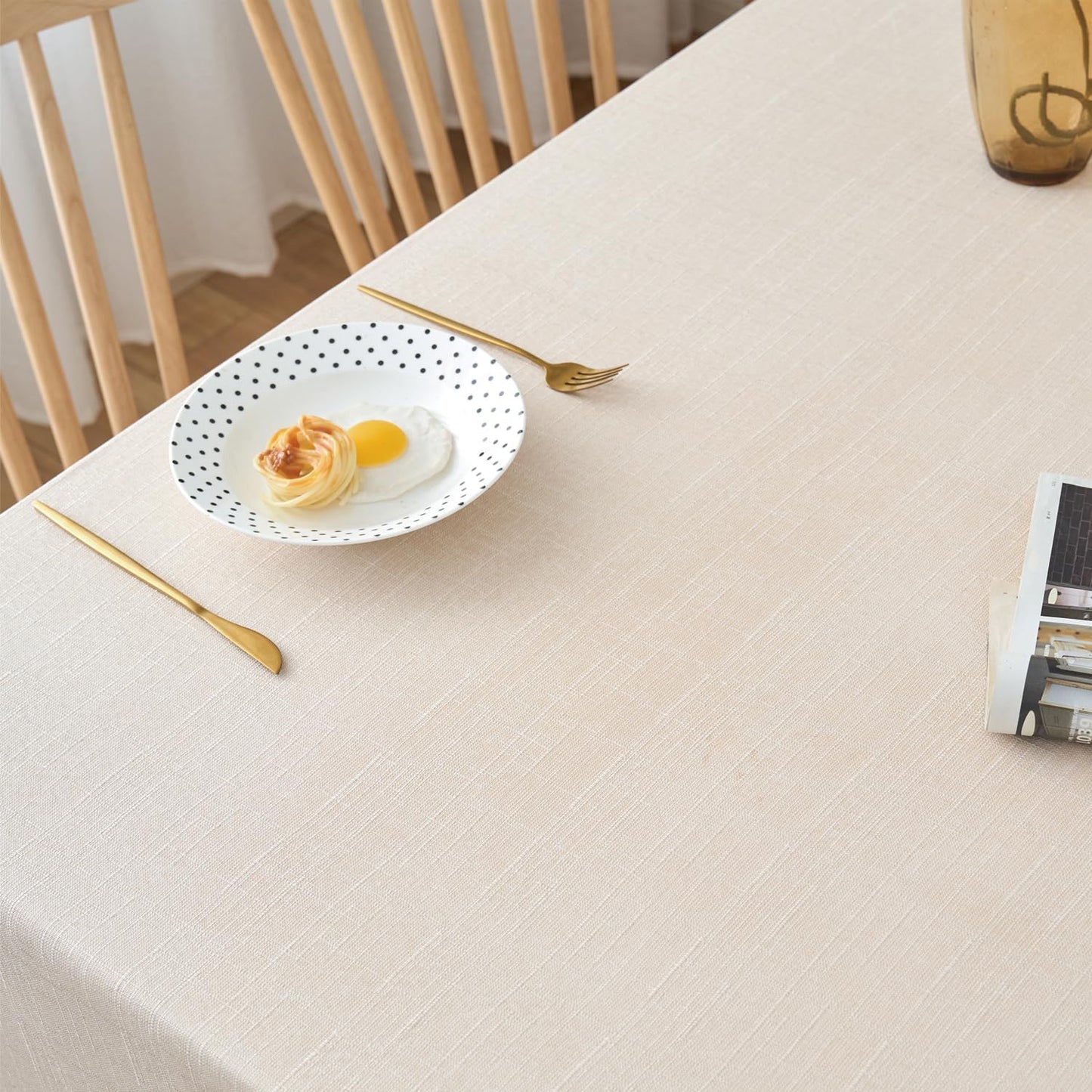 NLMUVW Linen Tablecloth for Rectangle Table 8ft - Textured Table Cloth Water Resistant Farmhouse Burlap for Kitchen Dining Café,Champagne, 54 x 102 Inch