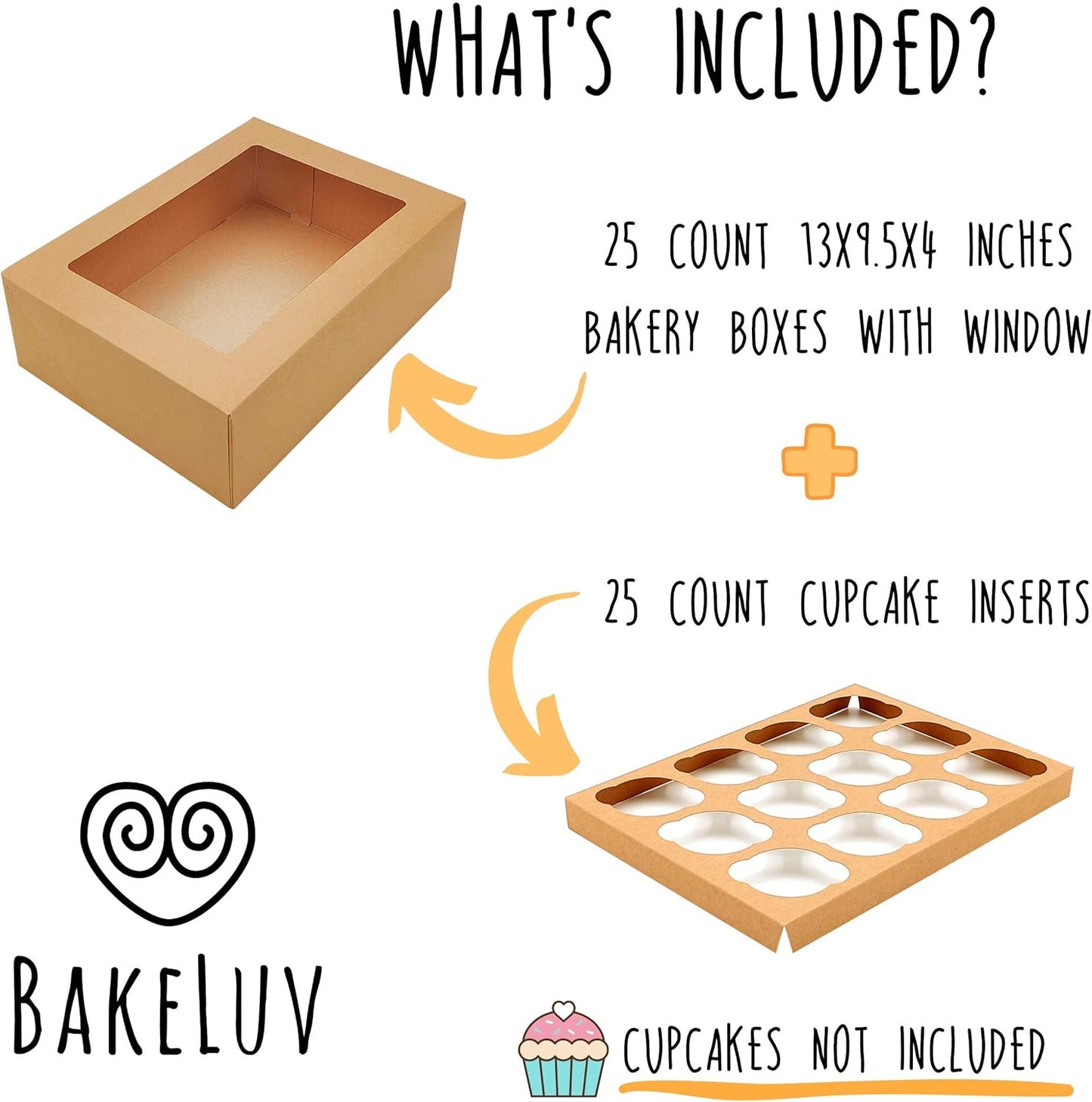 BAKELUV Brown 12 Cupcake Boxes, Cupcake Containers | 13x9.5x4, 25 Pack | 12 Cupcake Box Bulk, Cupcake Boxes 12 Count Carrier, Option to 14x10x4 Bakery Boxes with Window, ¼ Sheet Cake Box 13x9 Inches