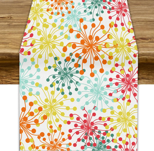 Mid Century Flower Table Runner, Colorful Geometric Abstract Chrysanthemum Vintage Farmhouse Decorations Orange Yellow Gray Table Runner for Kitchen Dining Holiday Party Decor, 13x120 Inch