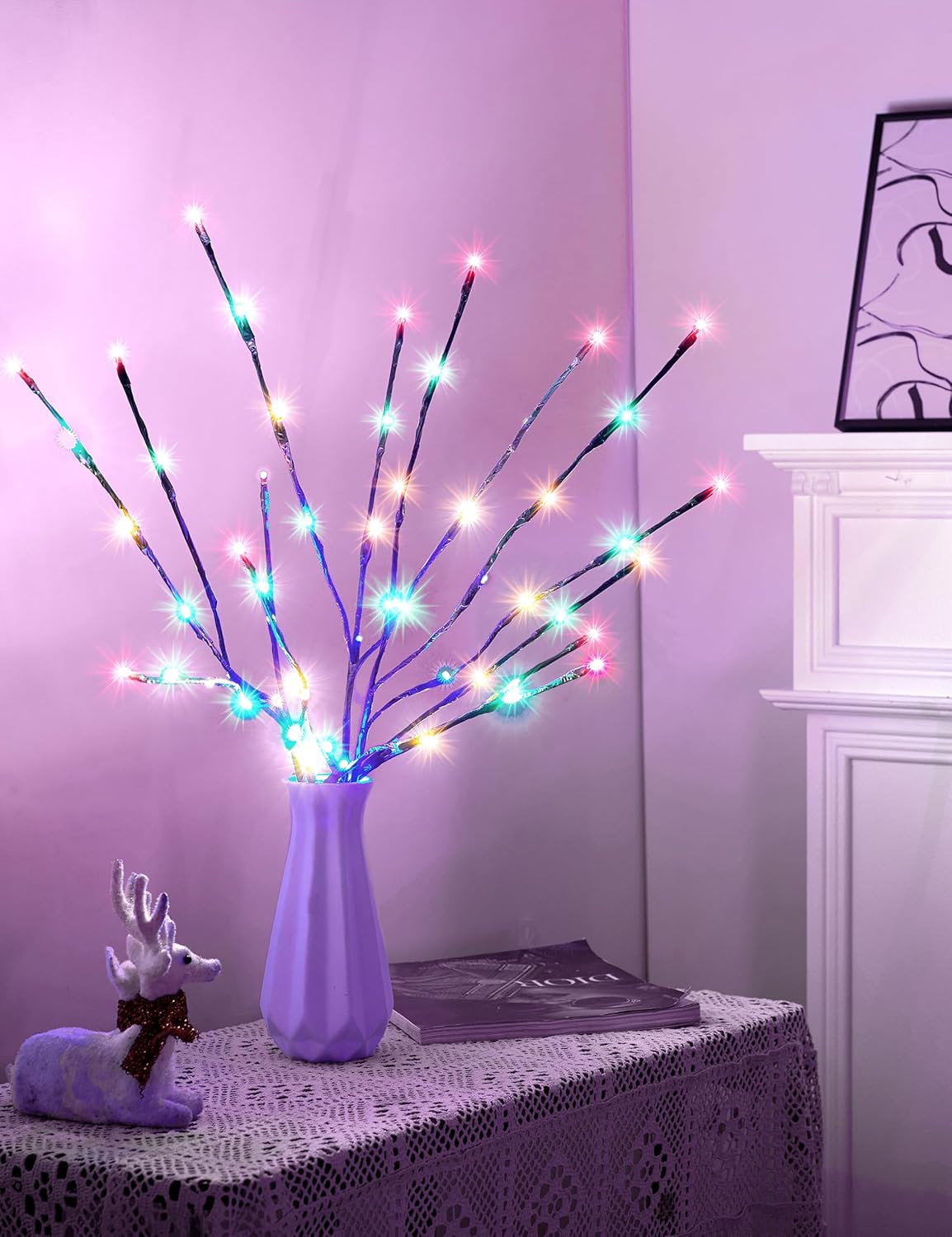Lighted Branches for Vases Plug in - 6 Pack 24Inch 60 LED Christmas DIY Twig Pathway Lights, Artificial Tree Bendable Xmas Fairy Lights with Stakes for Outdoor Indoor Party Decoration, Multicolor