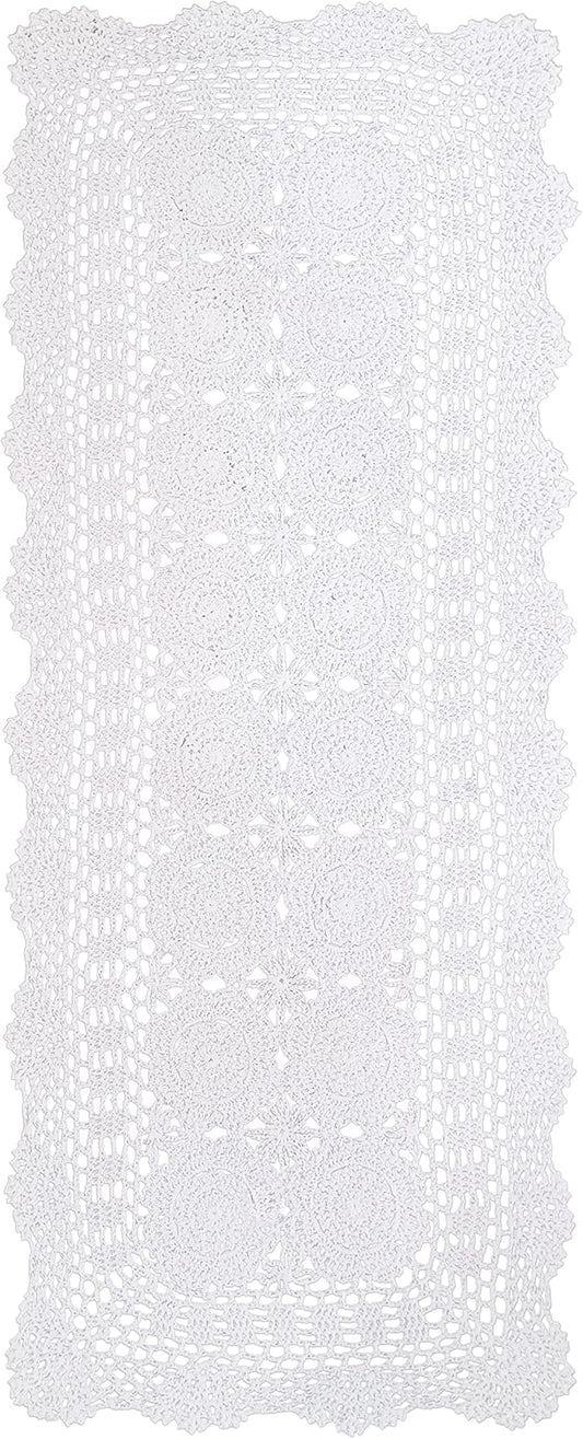 Phantomon Lace Table Runner Rectangular Table Cover Cloth Handmade Crochet Floral Placemats 100% Cotton (Floral White, 15x39Inch)