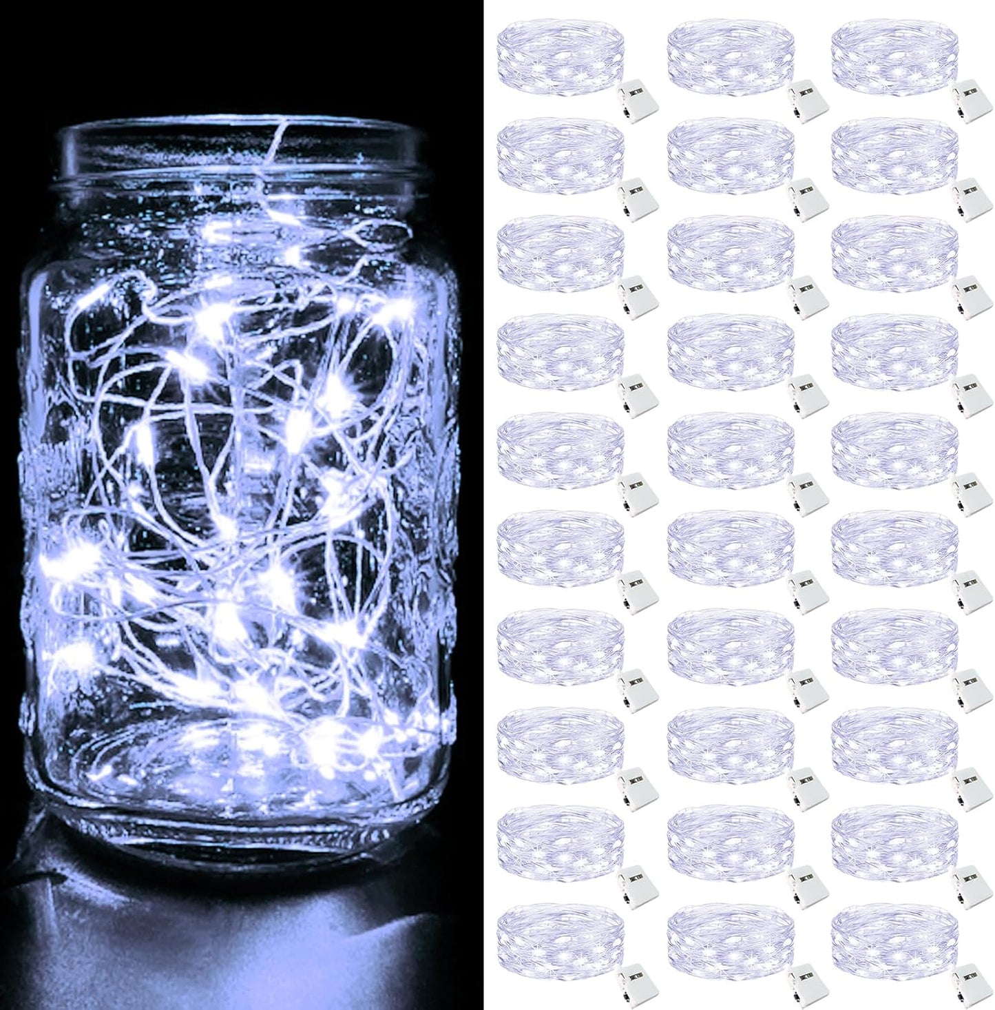 btfarm 30 Pack LED Fairy Lights Battery Operated [3 Modes] Twinkle Lights, 7FT 20 LED Mini String Lights Mason Jars Silver Wire Small Christmas Wedding Party, Cold White