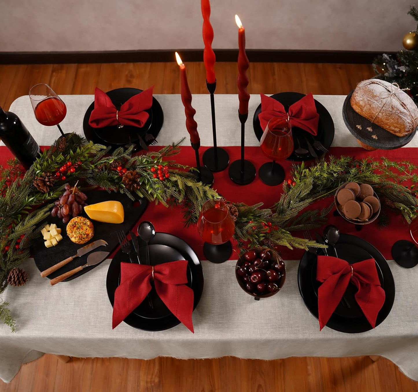 100% Pure Linen Red Table Runner 14 x 36 Inch - Small Hemstitch Christmas Table Runner - Cloth Fabric Runner for Thanksgiving, Winter, New Year - Elara