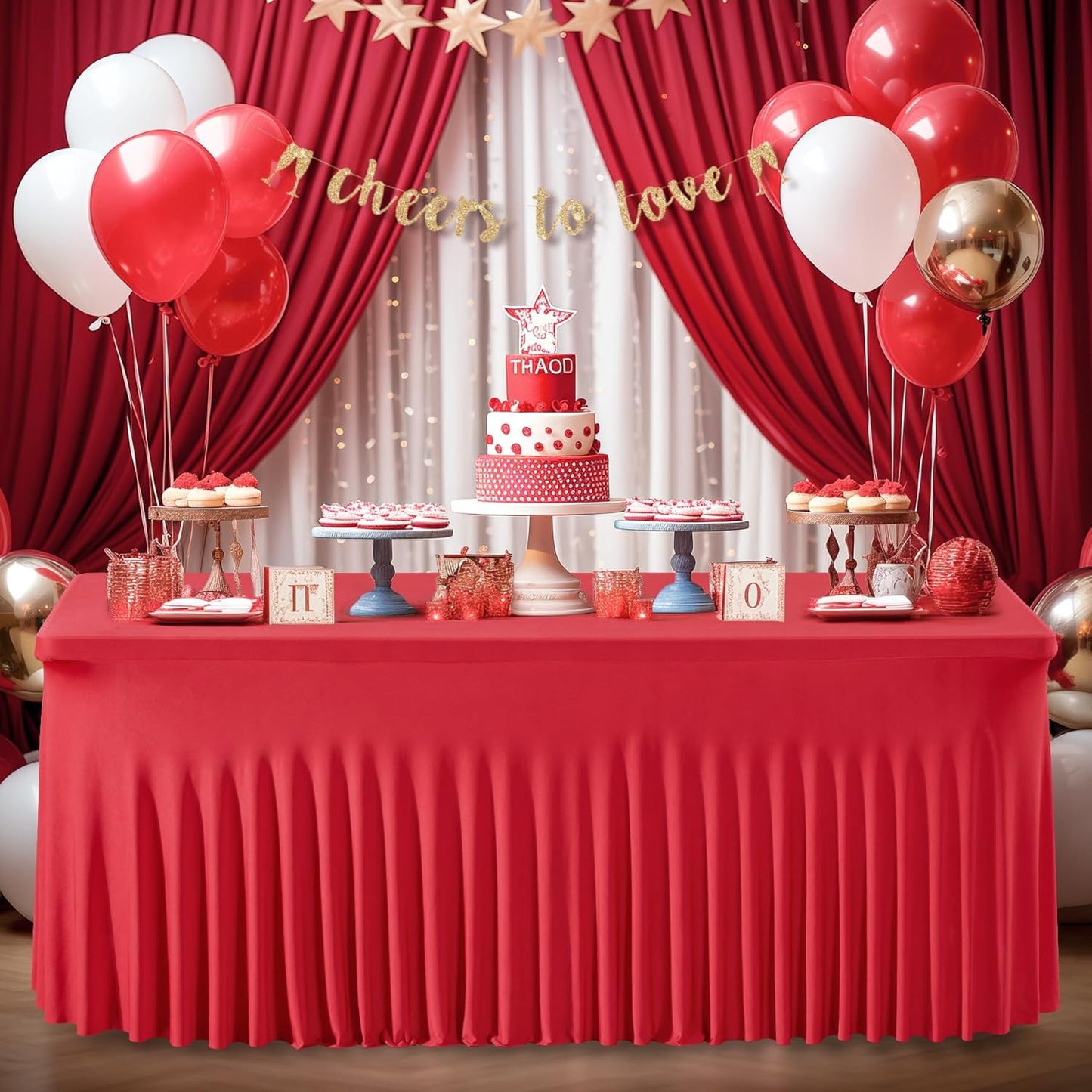 Wish Care 6 Pack Red Spandex Table Clothes for 8 Foot Rectangle Tables, 8FT Wrinkle Free Fitted Tablecloths Ruffles Design Table Cover for Party, Banquet, Wedding and Events