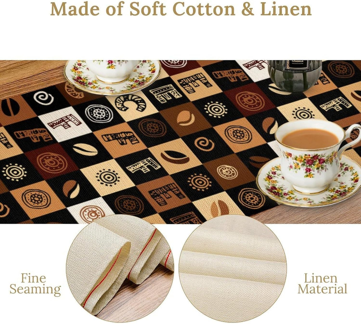 Coffee Theme Table Runner, Rustic Farmhouse Coffee Cup Latte Cappuccino Tea Party Cafe Table Center Decor for Home Kitchen Dining Patio Holiday Party Indoor Outdoor Table Decorations, 13"x36" Inch