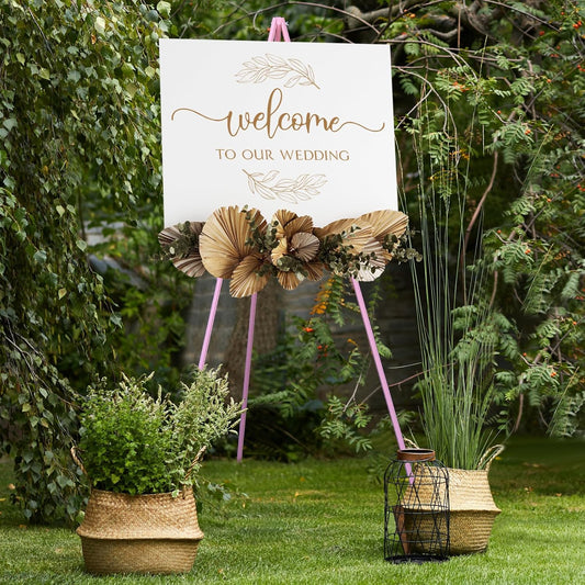 NianFeng Wooden Easel Stand for Sign, Easel Display Stand Floor for Wedding Sign with Adjustable Tray, 63-Inch, Tripod A-Frame Poster Light Duty, Welcome, Art Show & Baby Shower (Pink)