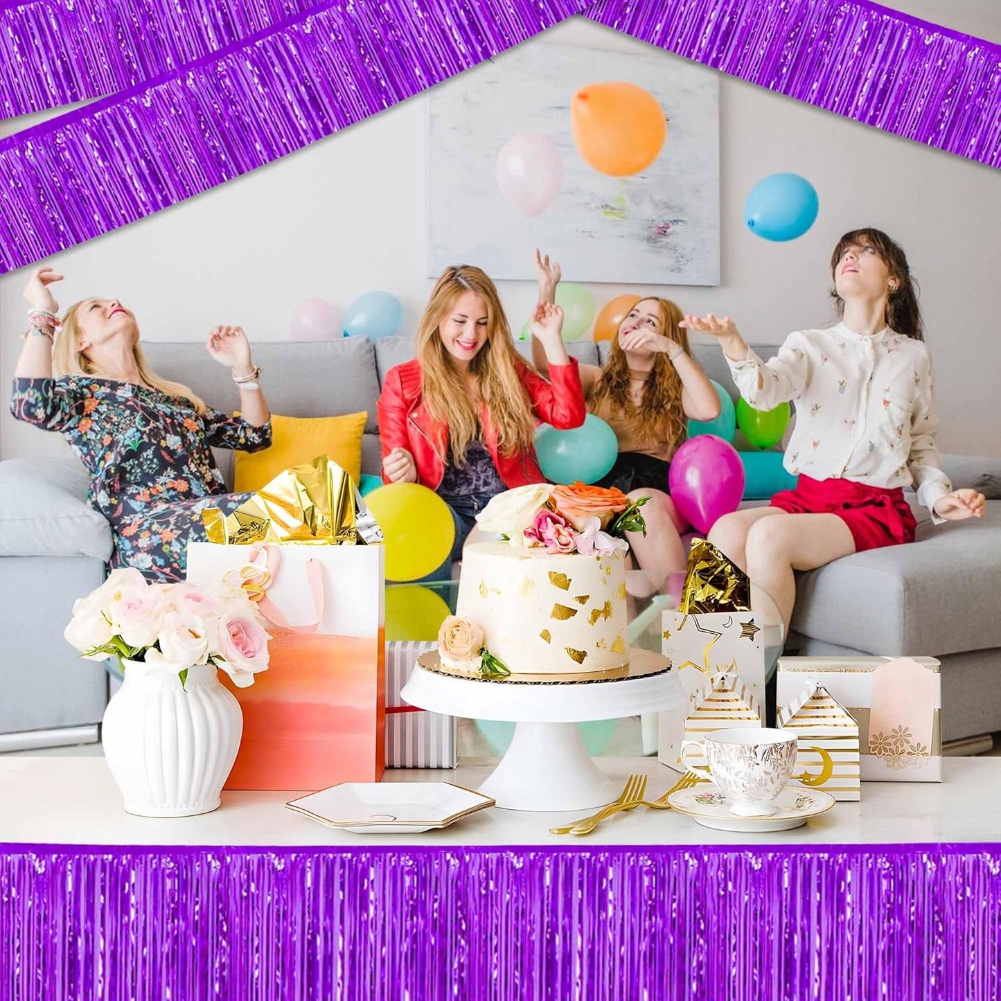 4 Pack 10 Ft Purple Foil Fringe Garland Metallic Streamers Tinsel Banner Wall Hanging Garland Backdrop for Parade Floats, Halloween, Christmas, Thanksgiving, New Year Party Decorations