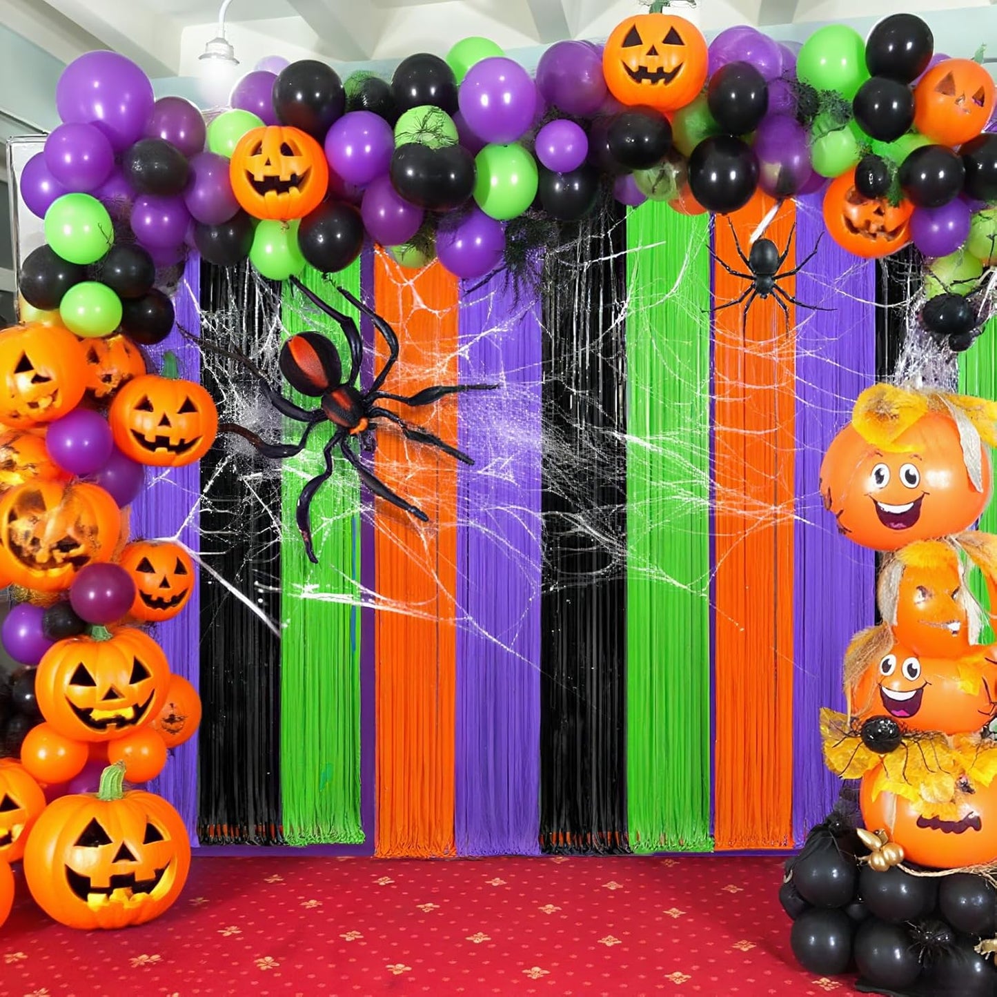 4 Packs Halloween Foil Fringe Curtain, Orange Black Purple and Green Metallic Tinsel Backdrop for Birthday, Baby Shower, Bachelorette, Halloween Party Decorations Favors Supplies Indoor Outdoor