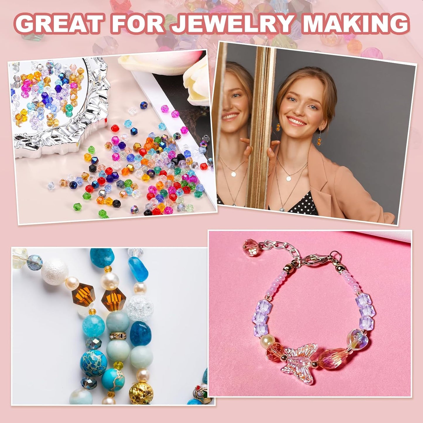 PATIKIL 1000pcs 3mm Bicone Glass Crystal Beads, Faceted Glass Spacer Beads with Box for Jewelry Making Bracelet Necklace Earrings DIY Suncatcher Craft, Rose Red AB