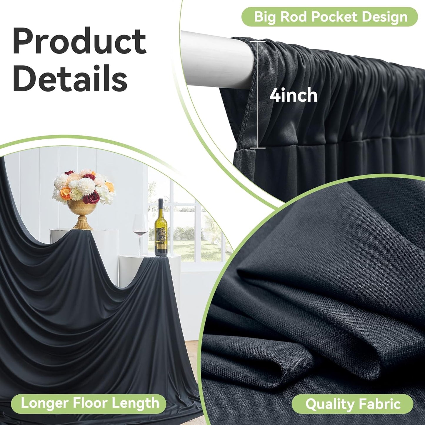 30ftx15ft Wrinkle Free Black Backdrop Curtain, 6 Panels 15FT Height Black Wedding Backdrop Drapes, Silky Polyester Back Drop Cloth for Birthday Photography Background Party Backdrop Draping