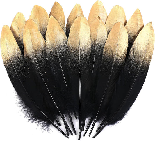 Larryhot Dipped Gold & Black Goose Feathers for Crafts - 6-8 inch 60 pcs Natural Feathers for Wedding Party Decorations,DIY Crafts and Clothing Accessories (Gold & Black)