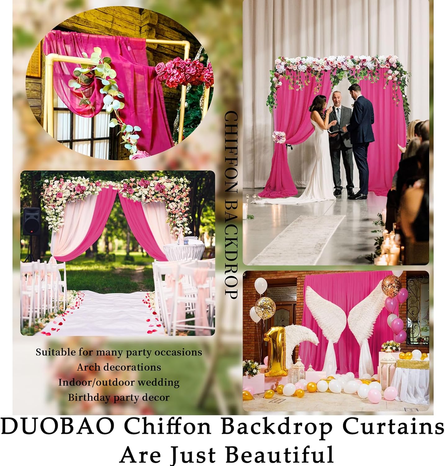 DUOBAO Hot Pink Chiffon Backdrop Curtain 2 Panels 29 Inch (74cm Wide) by 120 Inches (300cm Long) Wedding Chiffon Backdrop Drapes Beach Curtains for Living Room Voile Window Curtain