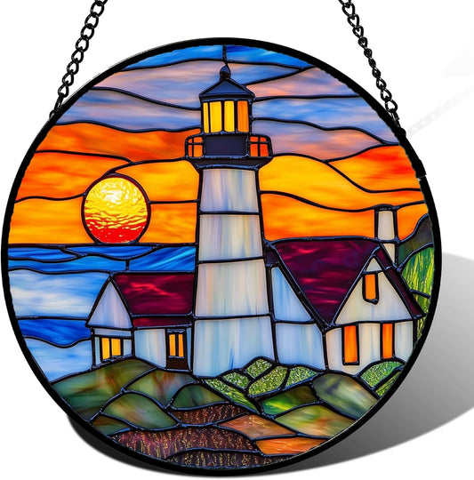 Stained Glass Window Hanging - Sea Lighthouse Suncatcher for Door Terrace Garden Home Decor Sunset Beach Scenery Sun Catcher Birthday Gifts for Lovers Women Men Dad Mom Nana 9.8 in