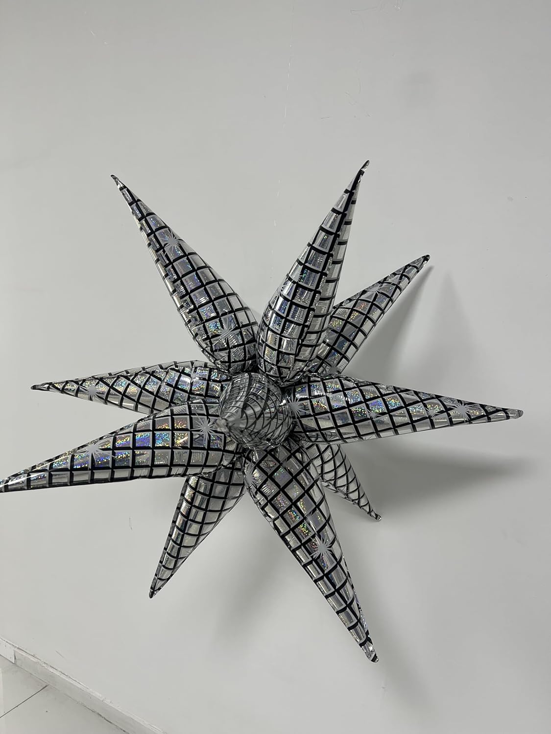 3pcs 32inch Iridescent disco explosion star foil balloons.Black white Foil Cone Star burst Balloons for disco Birthday Bachelorette Party decorations.