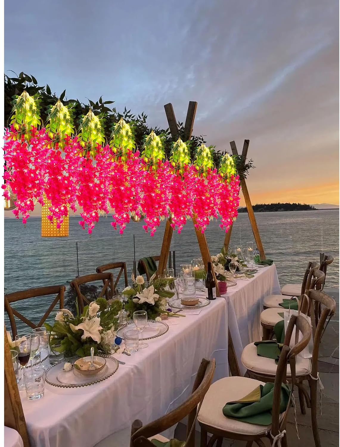 12 Pack Fuchsia Wisteria Hanging Flowers Garland with Lights, 3.44 Feet Artificial Flower Vines, Fake Wisteria, Artificial Vines Hanging Garland for Backdrop Outdoor Patio Garden Decor