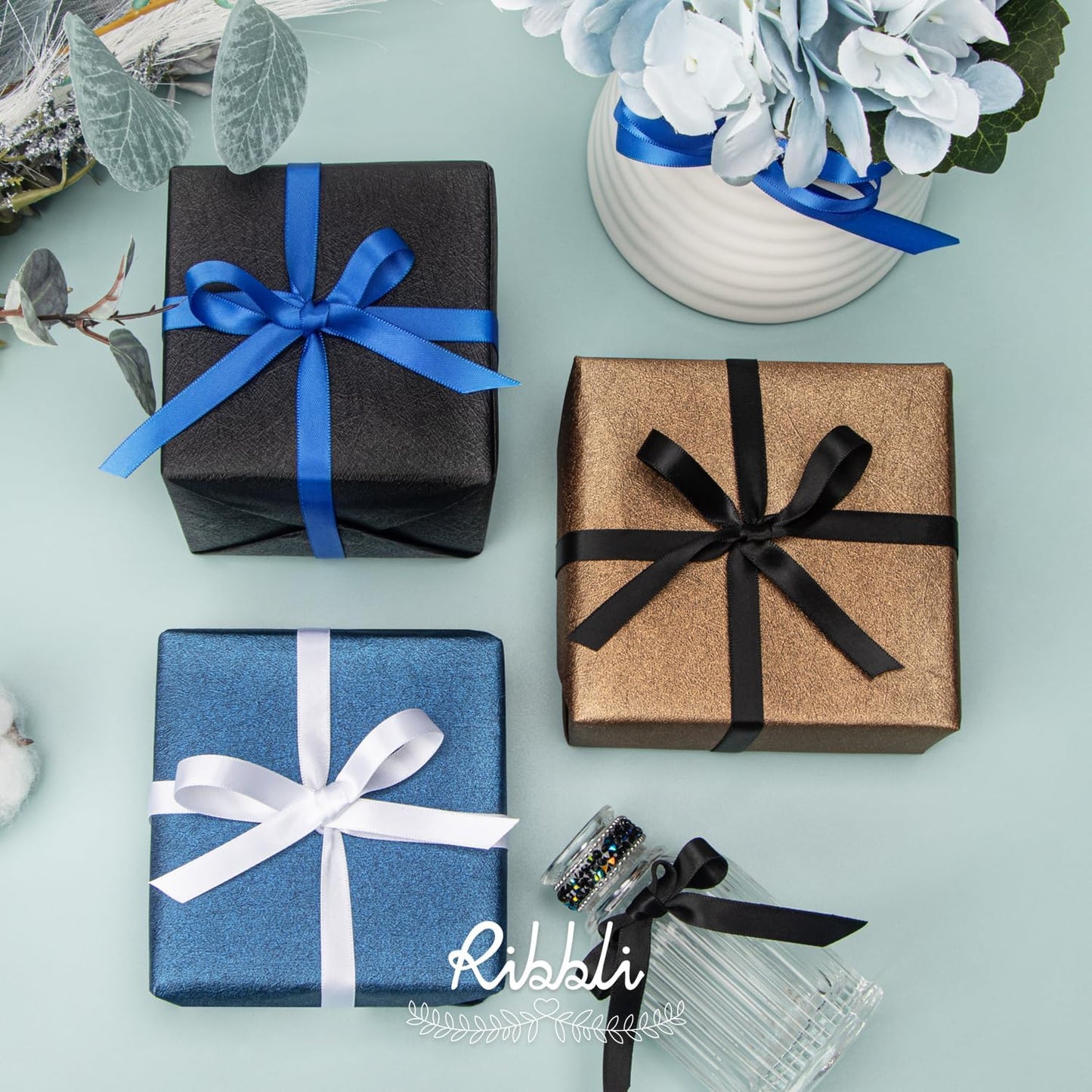 Ribbli Double Faced Black Satin Ribbon,3/8” x Continuous 25 Yards,Use for Bows Bouquet,Gift Wrapping,Floral Arrangement