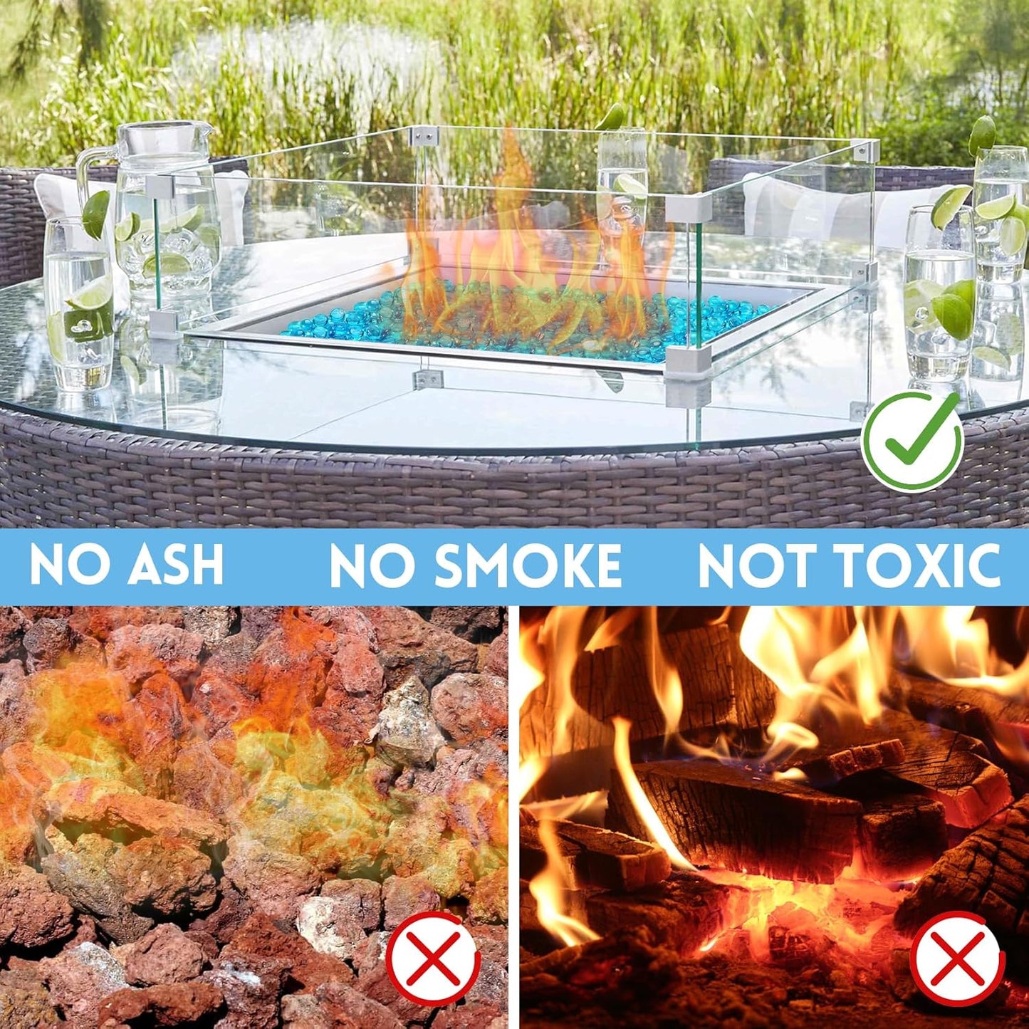 Fire Glass, Caribbean Blue Fire Rocks for Propane Firepit, Fireplace and Outdoor Decorative. 3/4 High Luster Round Glass Rocks, 10LB