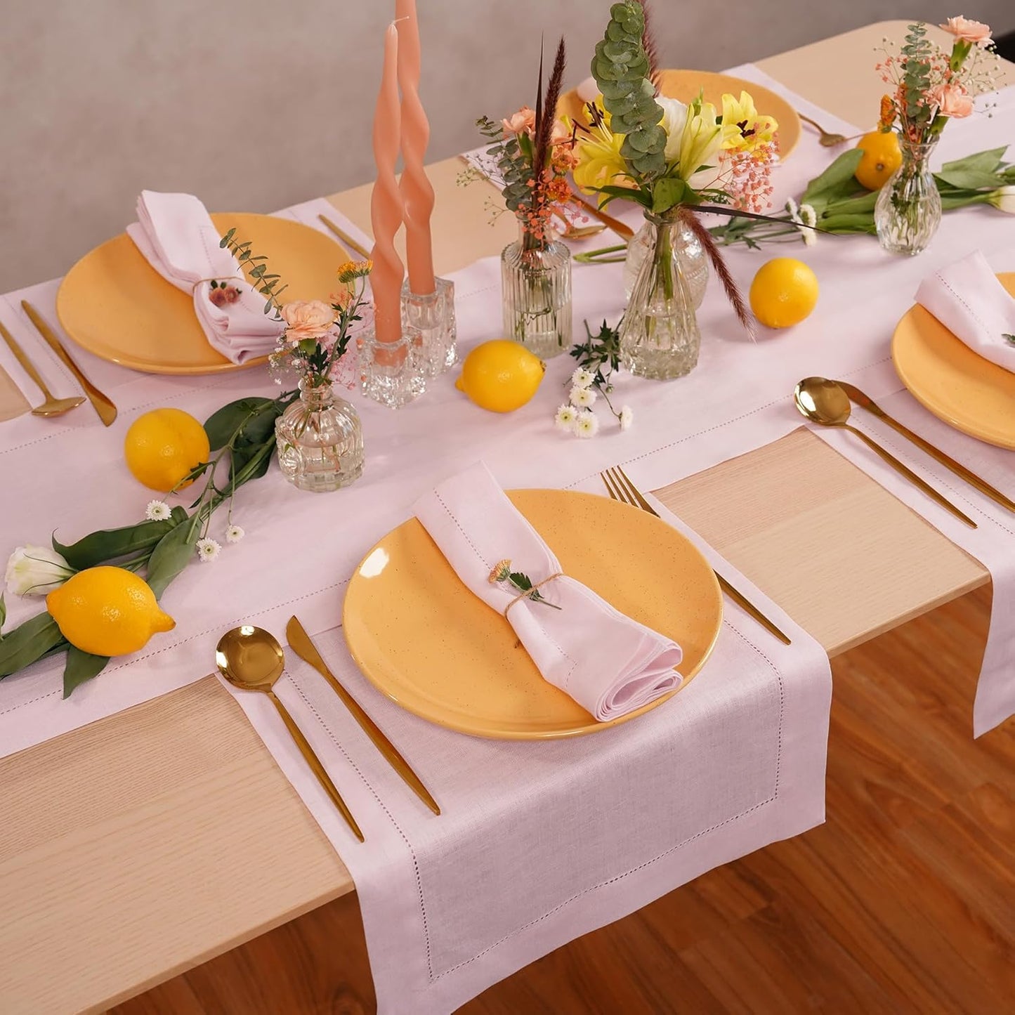 Linen Table Runner 72 inches Long – 100% Pure Linen Pink Hemstitch Table Runner 14 x 72 Inch for Dining, Spring, Summer, Wedding Decorations, Gift – Elara