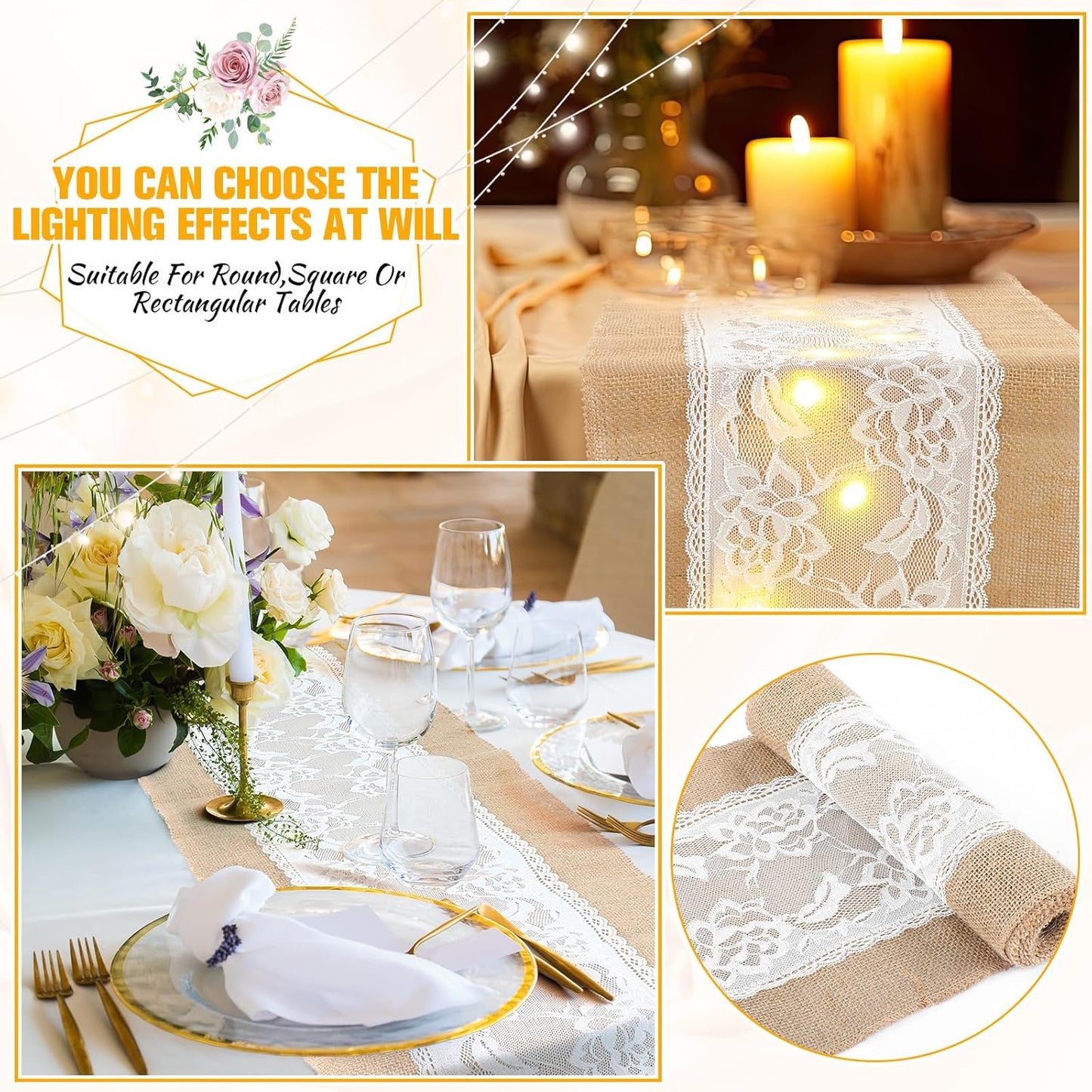 Xinnun 6 Pack Burlap Table Runner with LED String Lights, Modern Rustic Lace Natural Vintage Boho Jute Wedding Table Decor for Farmhouse Thanksgiving Christmas(Wedding Lace LED,12x108 Inches)