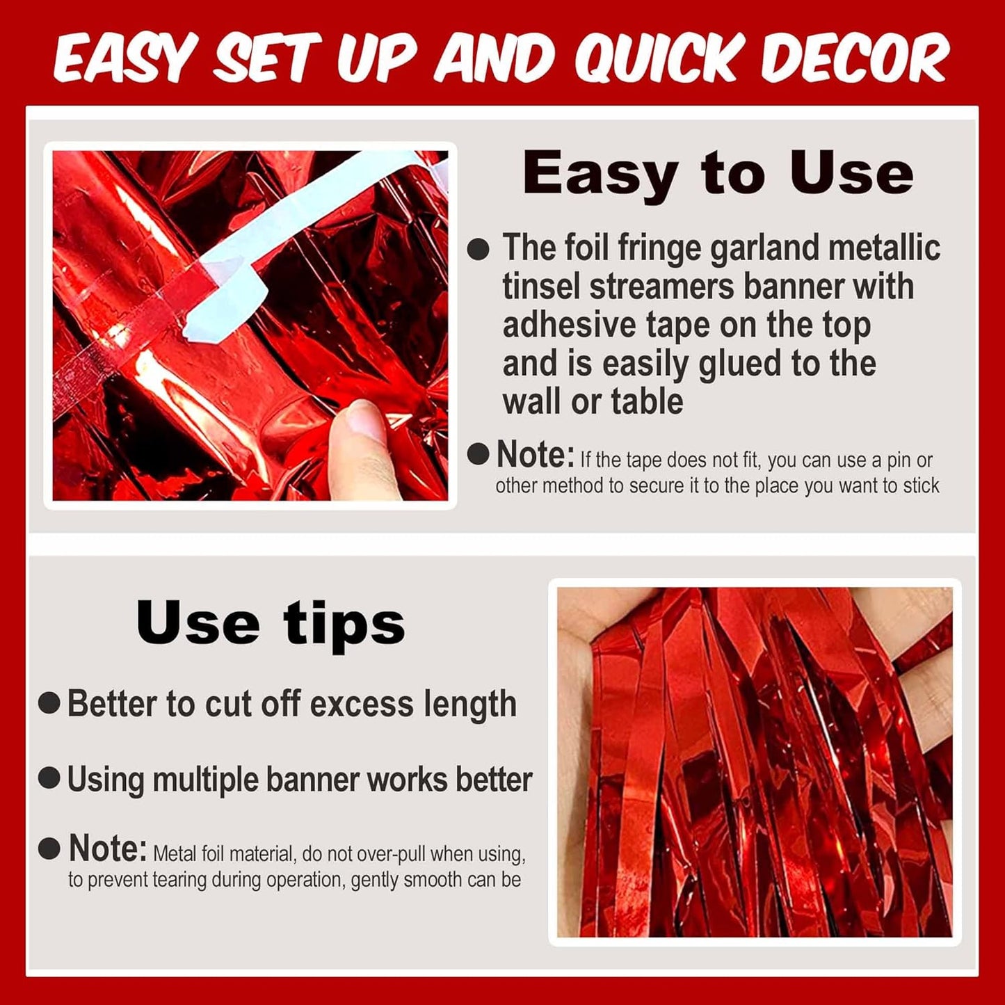 6 Pack 10 Ft Red Foil Fringe Garland Metallic Streamers Tinsel Banner Wall Hanging Garland Backdrop for Parade Floats, Halloween, Christmas, Thanksgiving, New Year Party Decorations