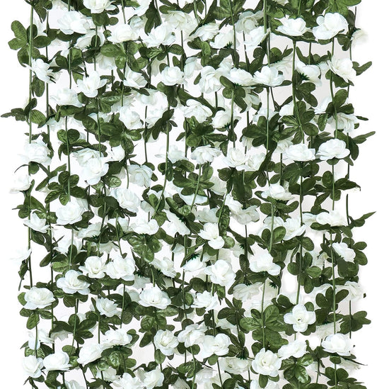 KHOYIME 9 Pack 72 FT Artificial Flower Garland, Fake White Roses Vines Silk Flowers Faux Plastic Outdoor Hanging Floral Ivy Garland Decoration for Wedding Arch Bedroom Home Wall Backdrop Room Decor