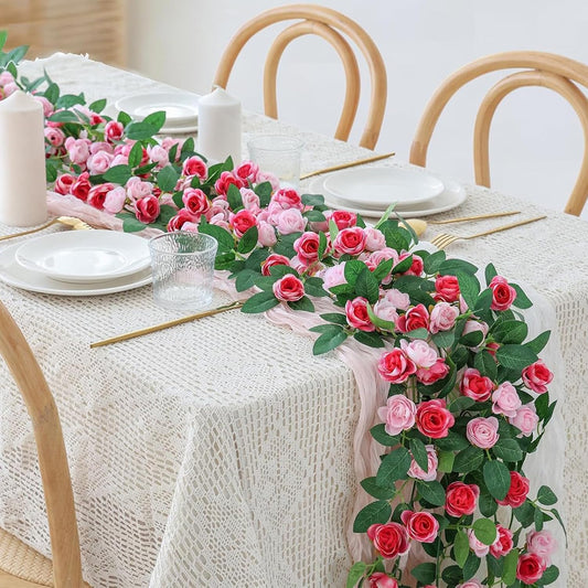 4 Packs Artificial Rose Garland: 31.48Ft Each Fake Flower Vine with Improved Color & 10 Ties for Wedding Arch Backdrop, Home Wall Party Decor, Christmas Decor, Pink