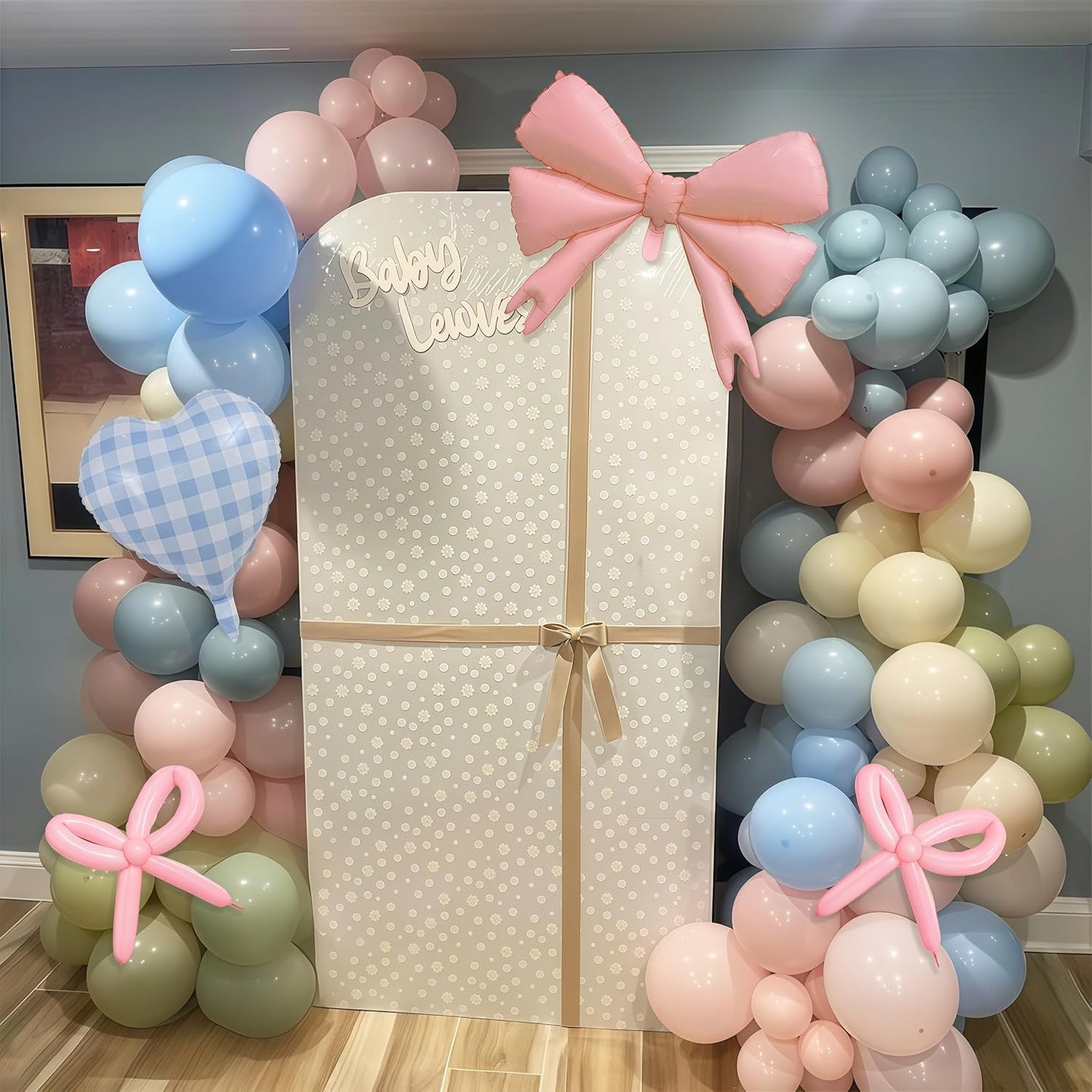 Goose Balloon Arch Kit Pastel Pink Blue Sage Green Balloons Garland with Bow Gingham Heart Foil Goose Birthday Decorations Girls Dusty Pink Blue Olive Yellow Duck Baby Shower Gender Reveal Party Decor