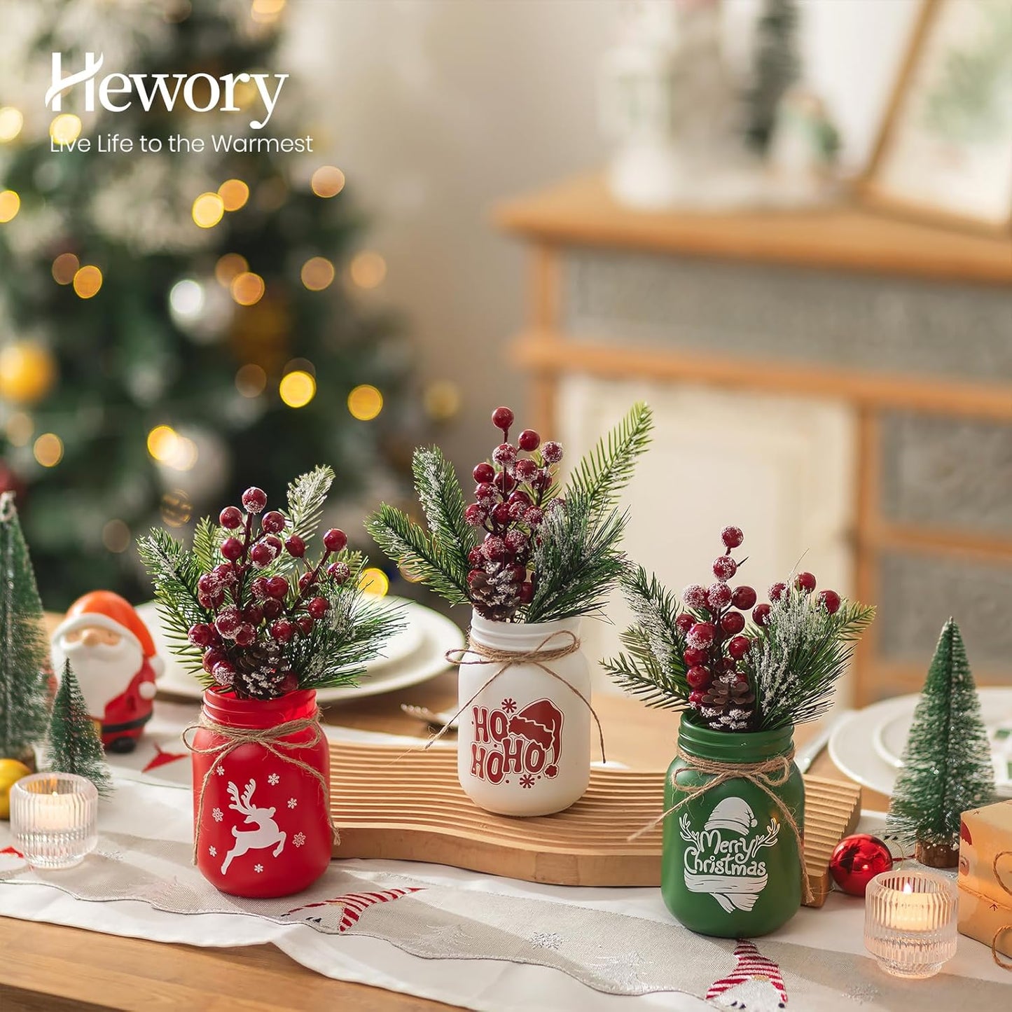 Hewory Christmas Vase for Table Centerpieces: 3 PCS Glass Christmas Mason Jars with Arrangemengts - Delicate Holiday Decor for Mantle Coffee Table Shelves