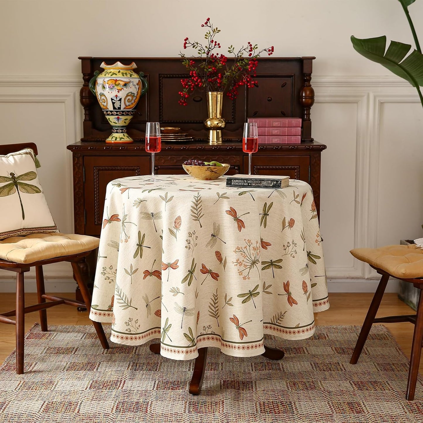 ISAENNE Designer Floral Linen Small Round Tablecloth,French Off White Elegant Table Cloth,Washable Home Decor Tablecloths for Dining Thanksgiving Kitchen Christmas Party,Diameter 55"-Grace B